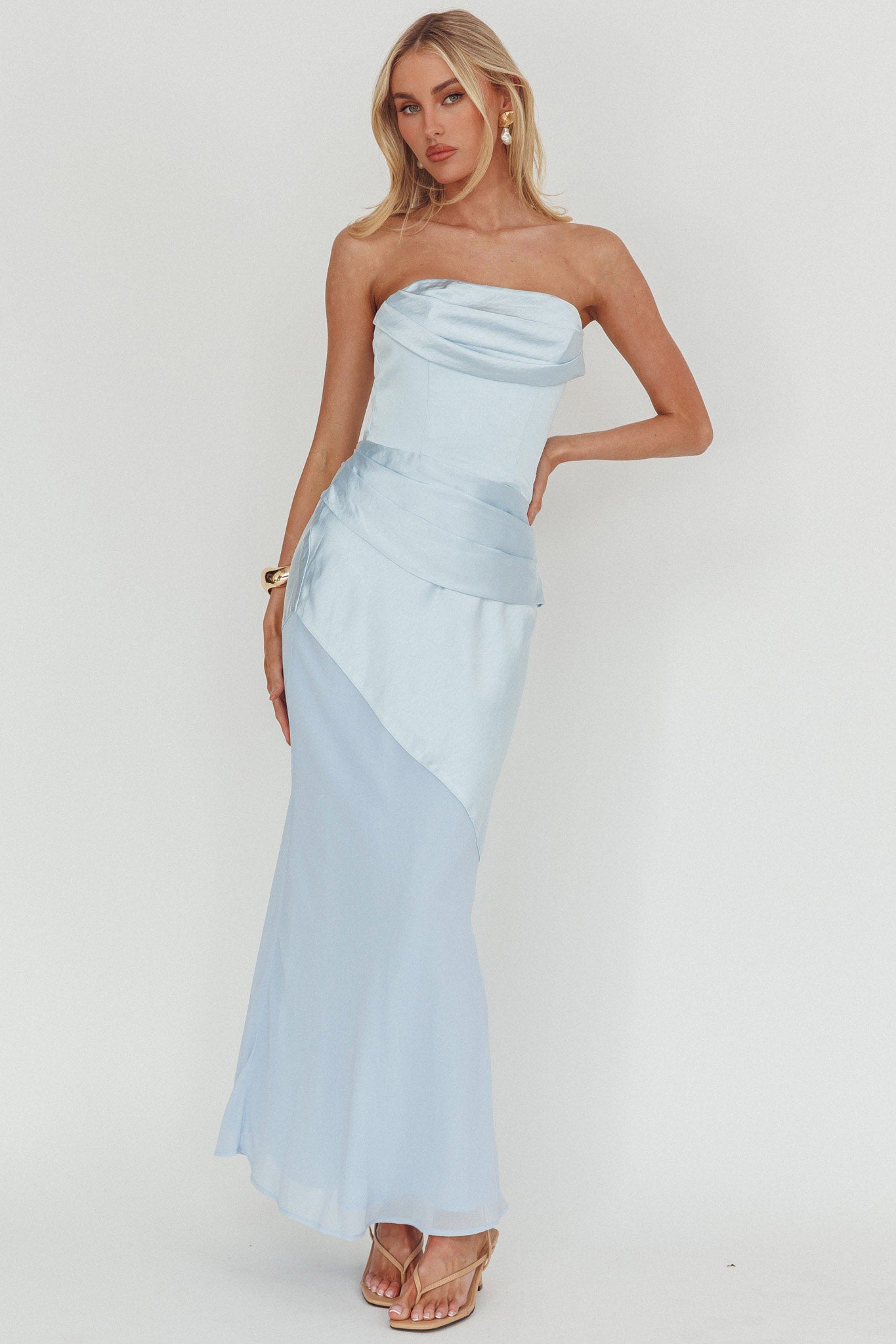Moon Aura Pleat Detail Strapless Maxi Dress Blue-Maymioy