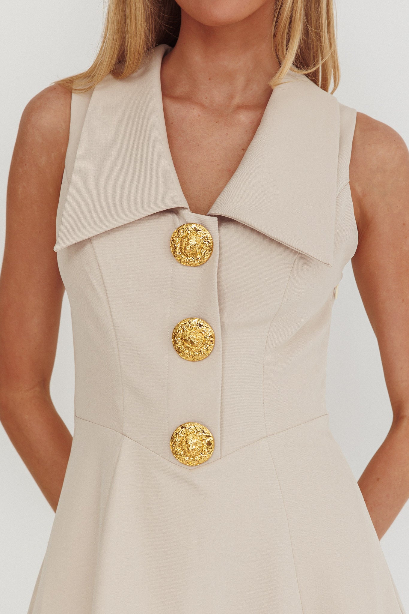 Cary Gold Button Collared Mini Dress Latte-Maymioy