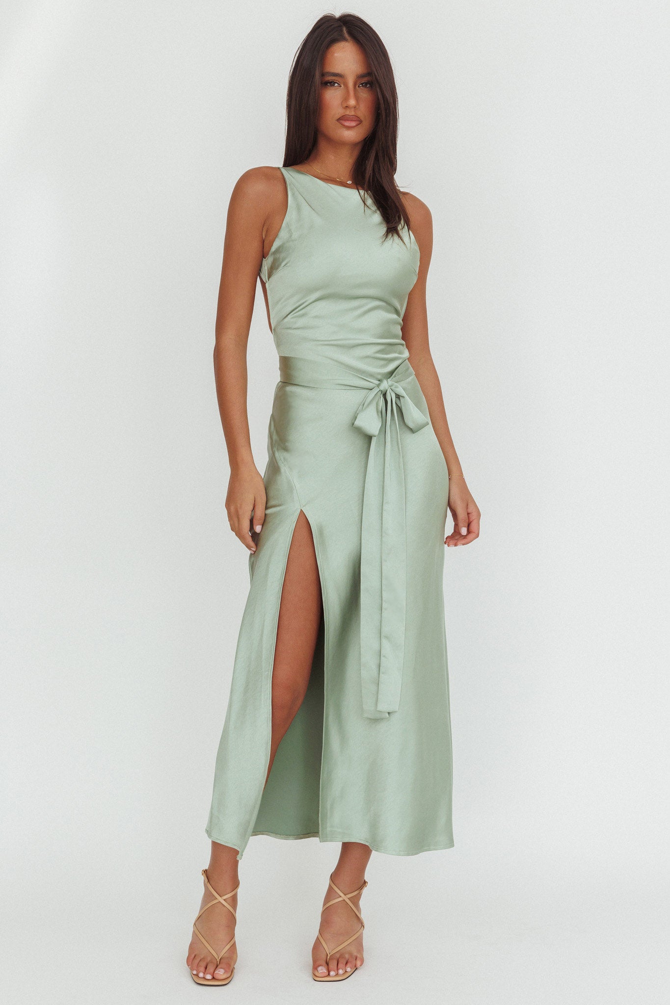 Standing By Backless Waist Tie Maxi Dress Sage-Maymioy