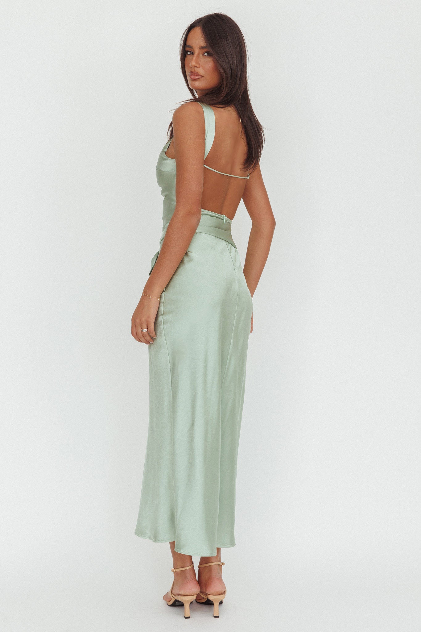 Standing By Backless Waist Tie Maxi Dress Sage-Maymioy