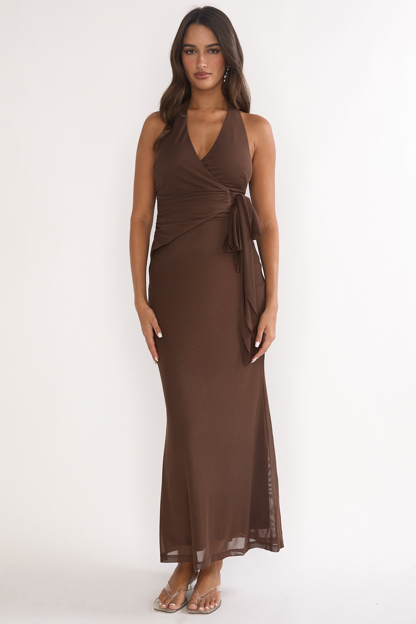 Halo Moon Wrap Front Halter Maxi Dress Chocolate-Maymioy