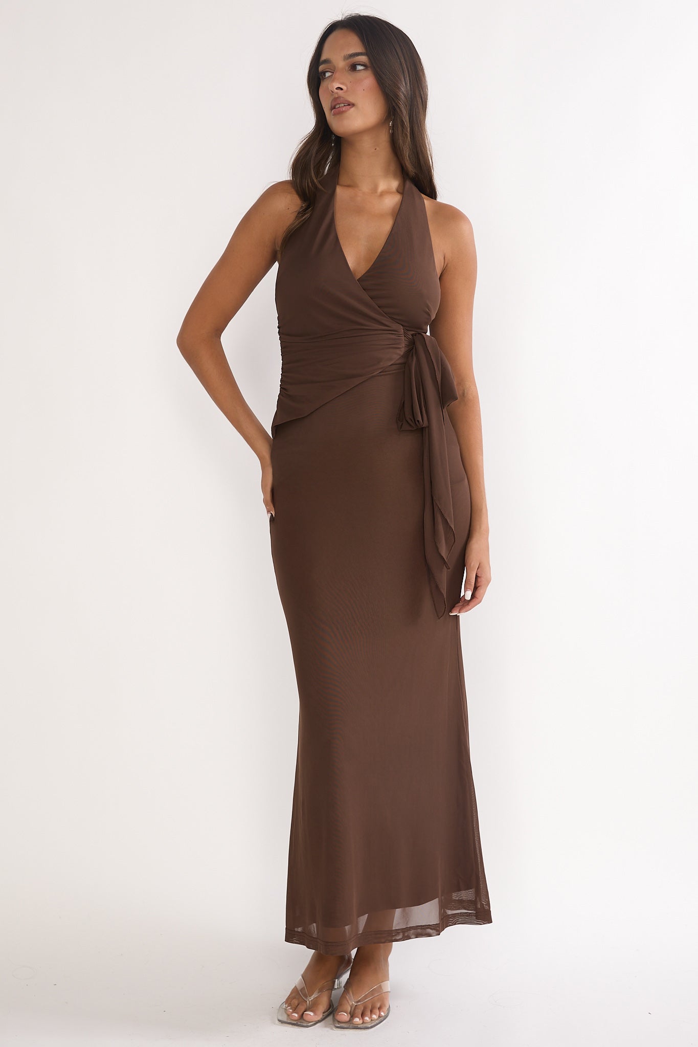 Halo Moon Wrap Front Halter Maxi Dress Chocolate-Maymioy