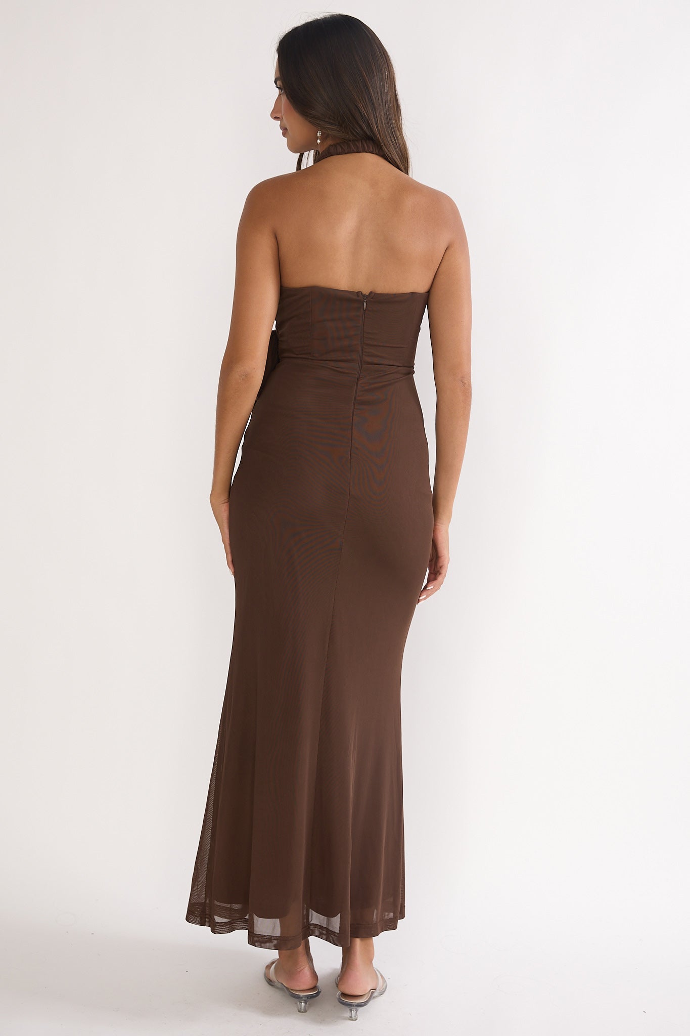 Halo Moon Wrap Front Halter Maxi Dress Chocolate-Maymioy