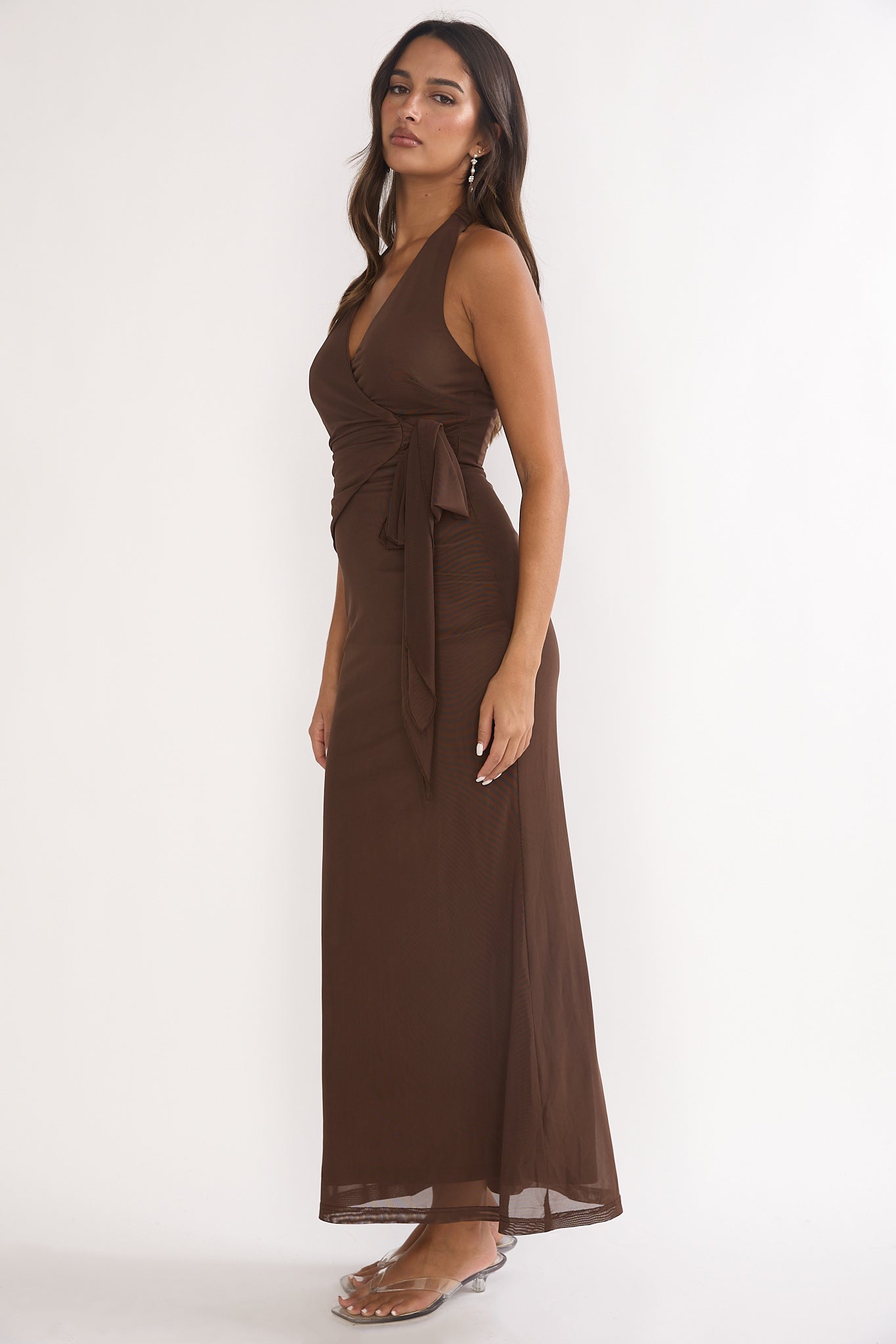 Halo Moon Wrap Front Halter Maxi Dress Chocolate-Maymioy