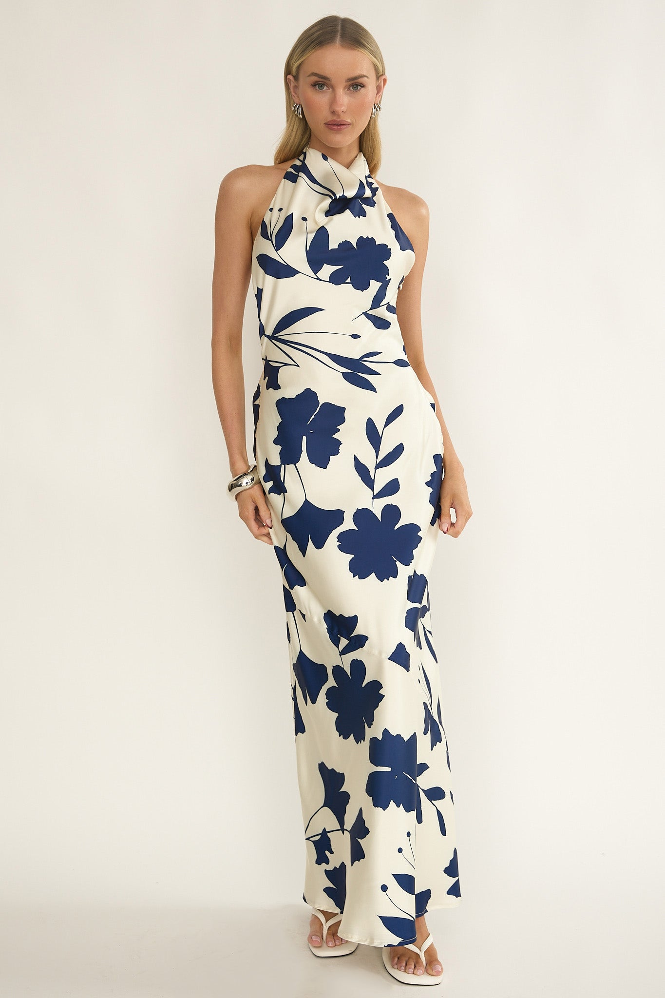 Elowis Cowl Halterneck Maxi Dress Floral Beige-Maymioy