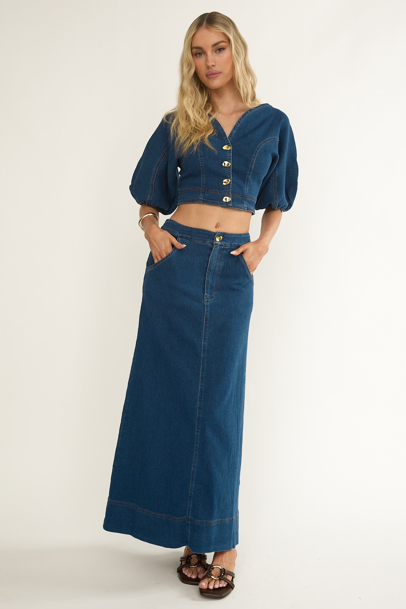 Kaelis Pocket Maxi Skirt Denim-Maymioy