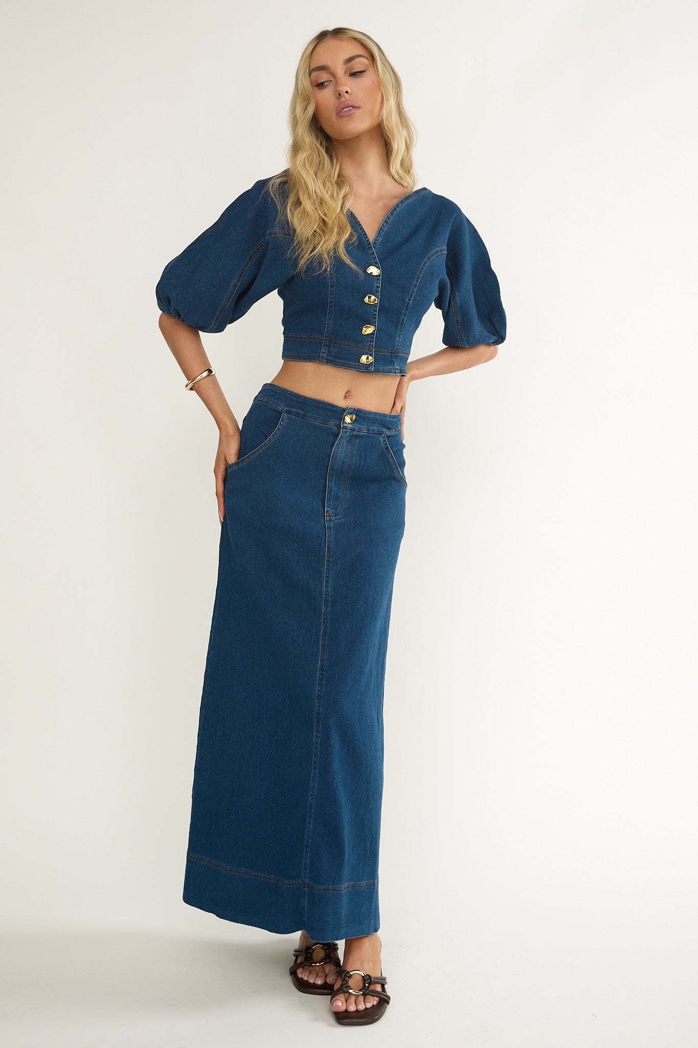 Kaelis Pocket Maxi Skirt Denim-Maymioy