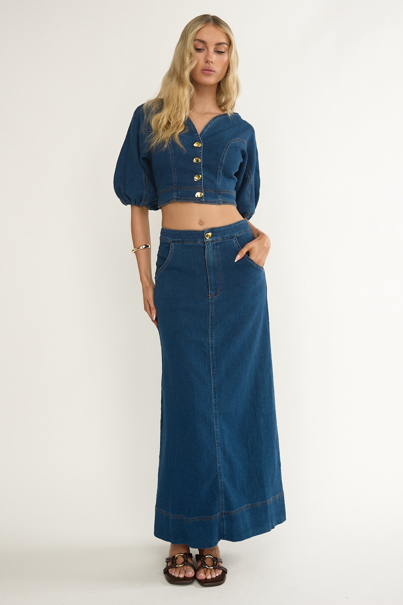 Kaelis Pocket Maxi Skirt Denim-Maymioy