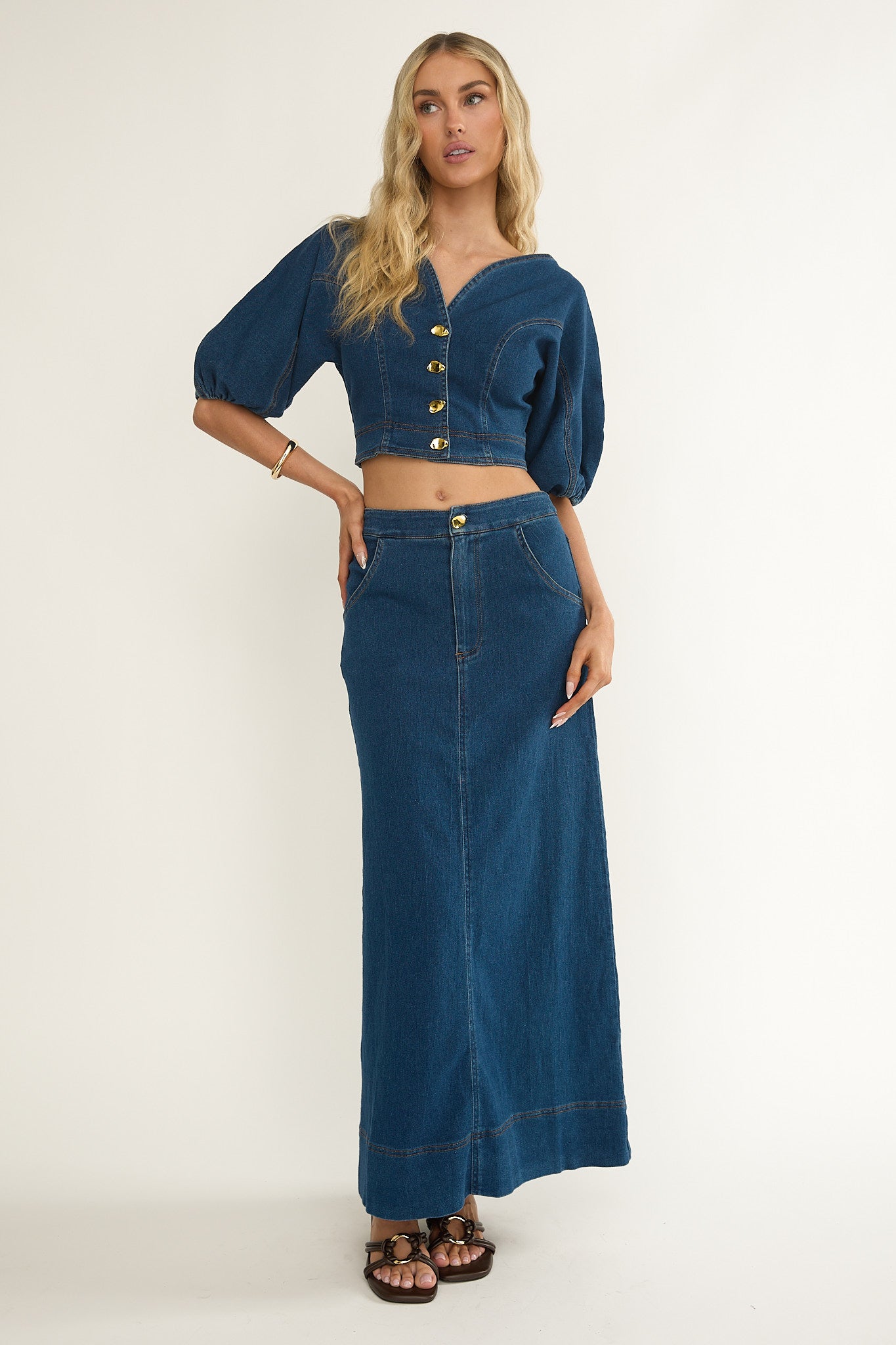 Kaelis Bubble Sleeve Button Top Denim-Maymioy