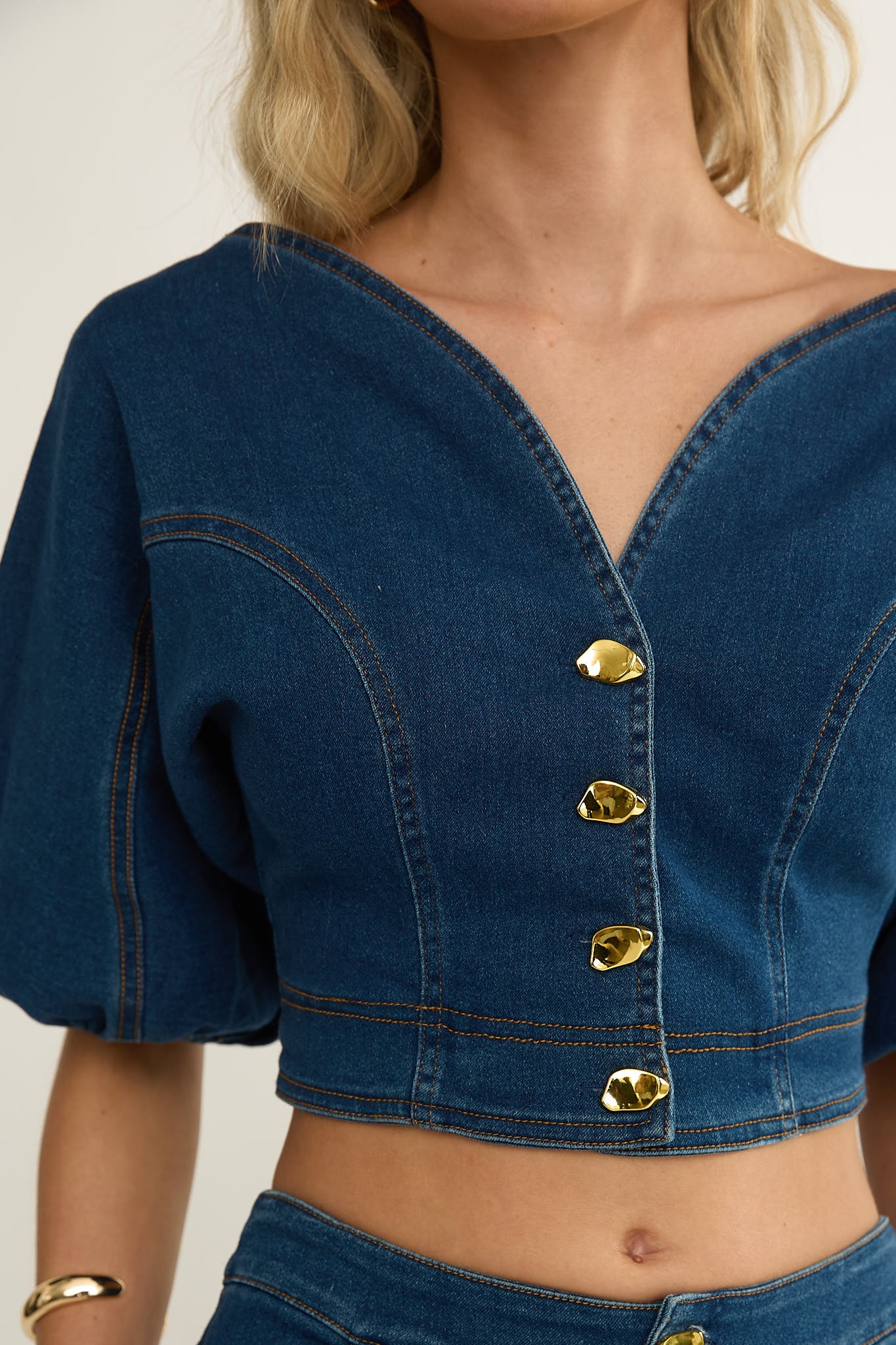 Kaelis Bubble Sleeve Button Top Denim-Maymioy