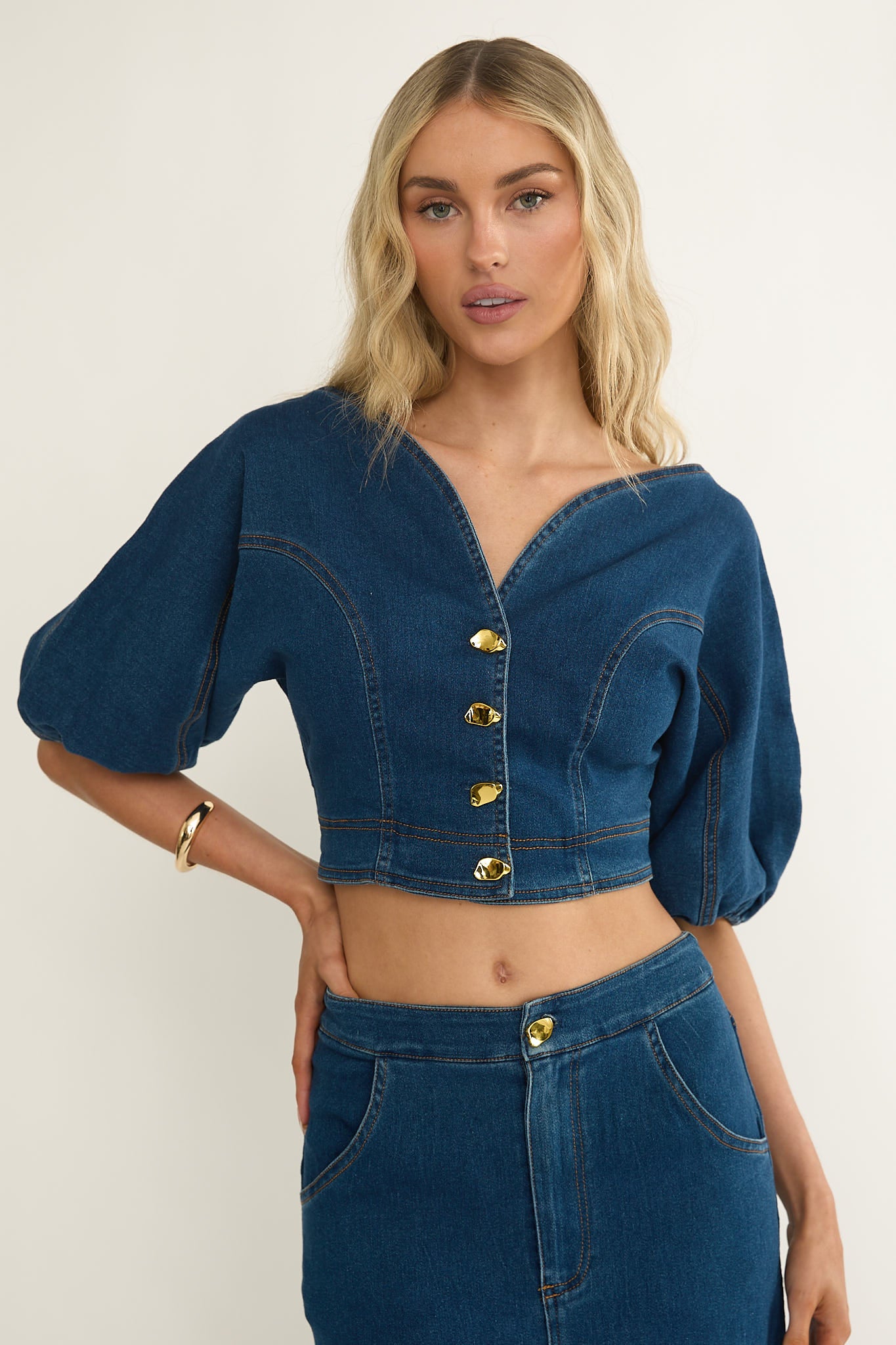 Kaelis Bubble Sleeve Button Top Denim-Maymioy
