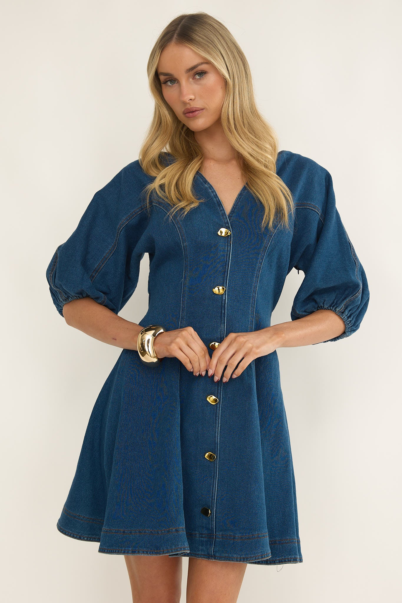Rivette Bubble Sleeve Mini Dress Denim-Maymioy