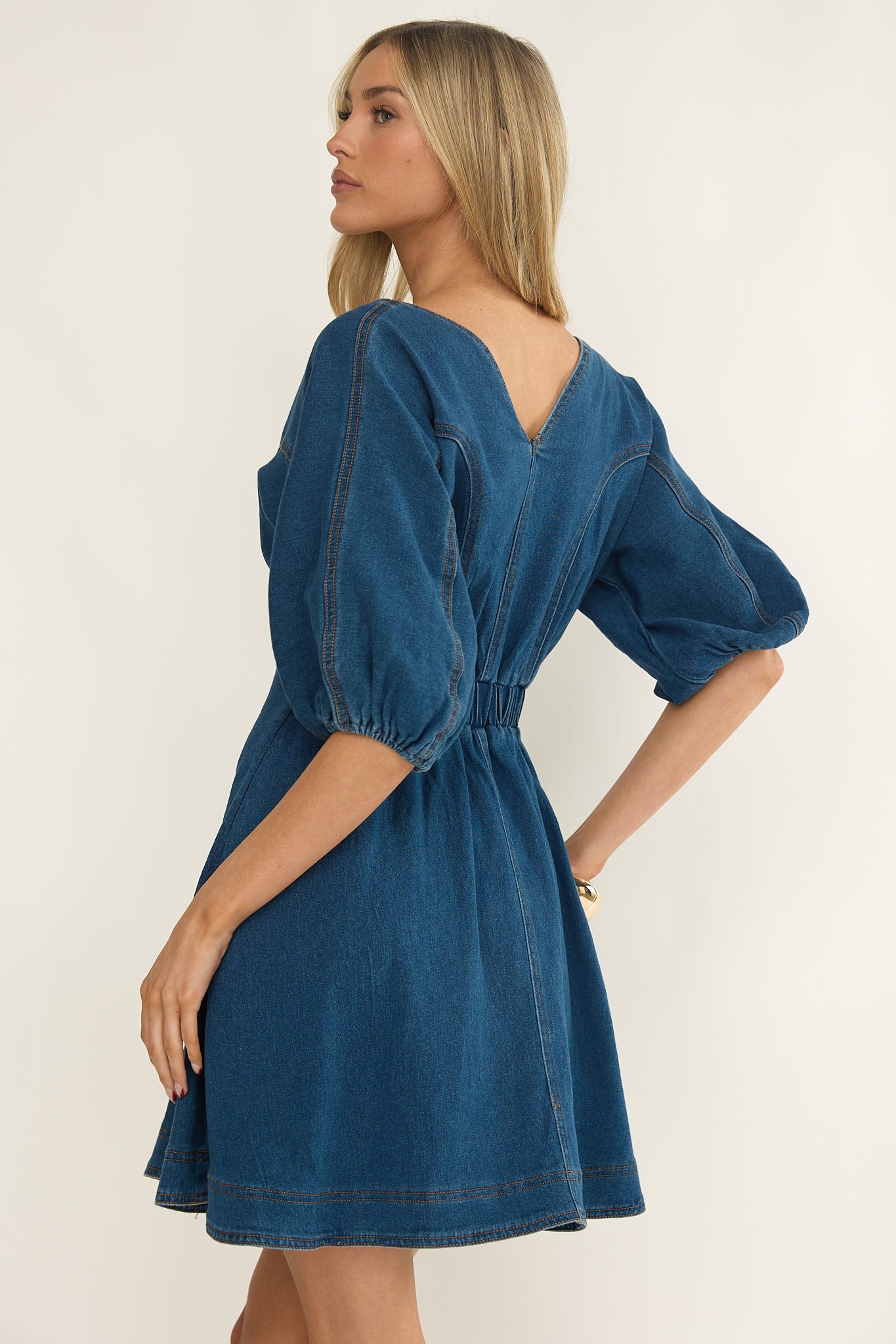 Rivette Bubble Sleeve Mini Dress Denim-Maymioy