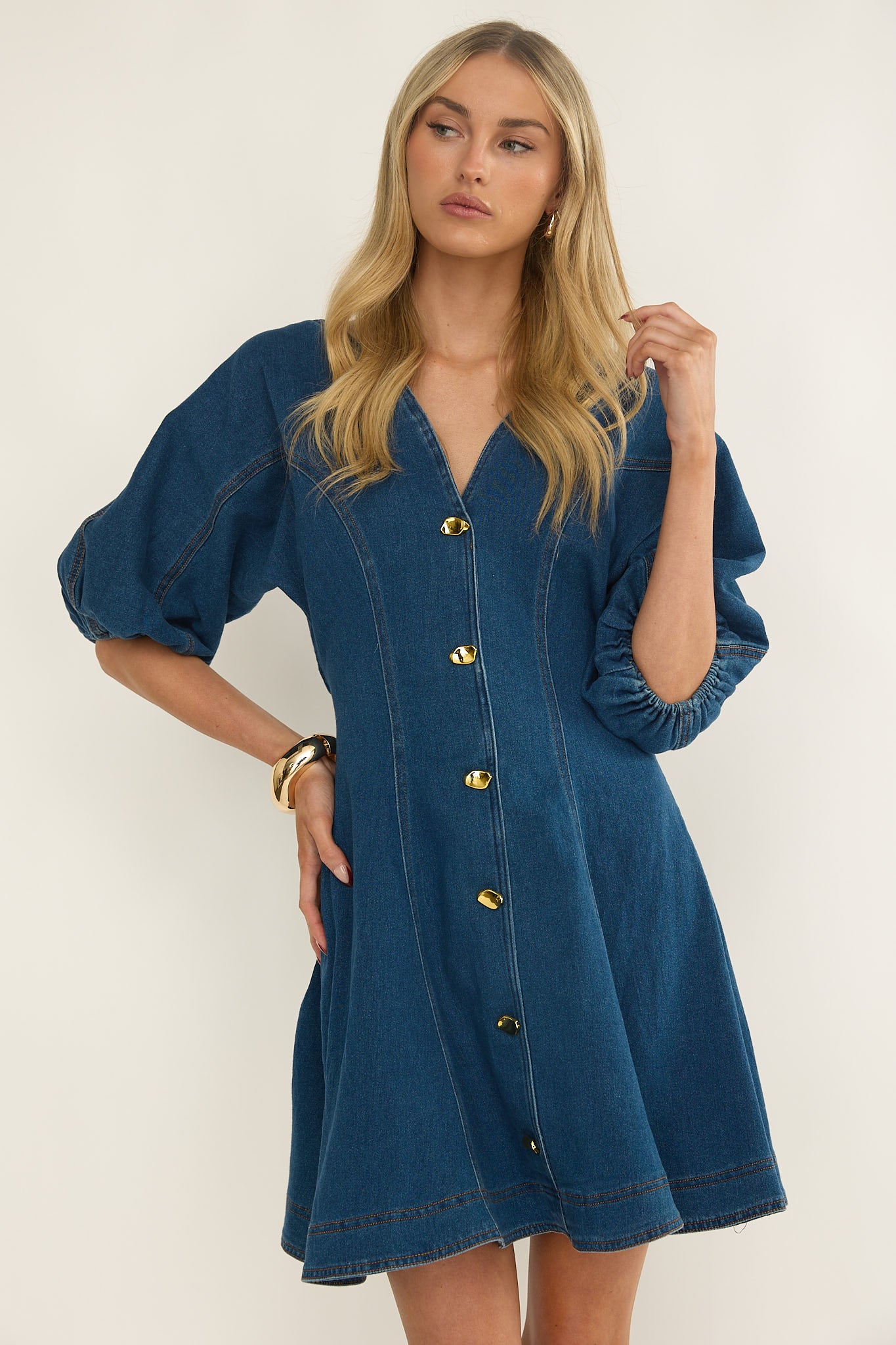 Rivette Bubble Sleeve Mini Dress Denim-Maymioy