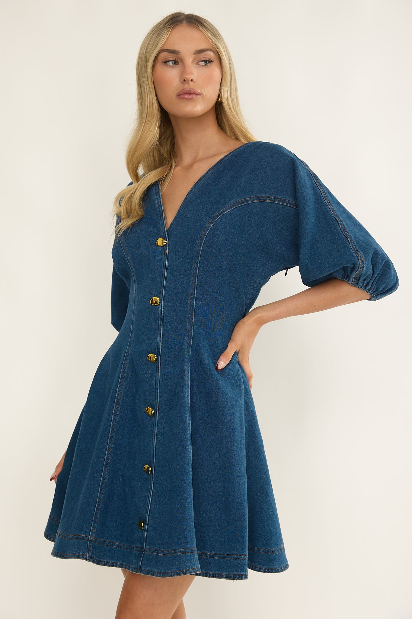 Rivette Bubble Sleeve Mini Dress Denim-Maymioy