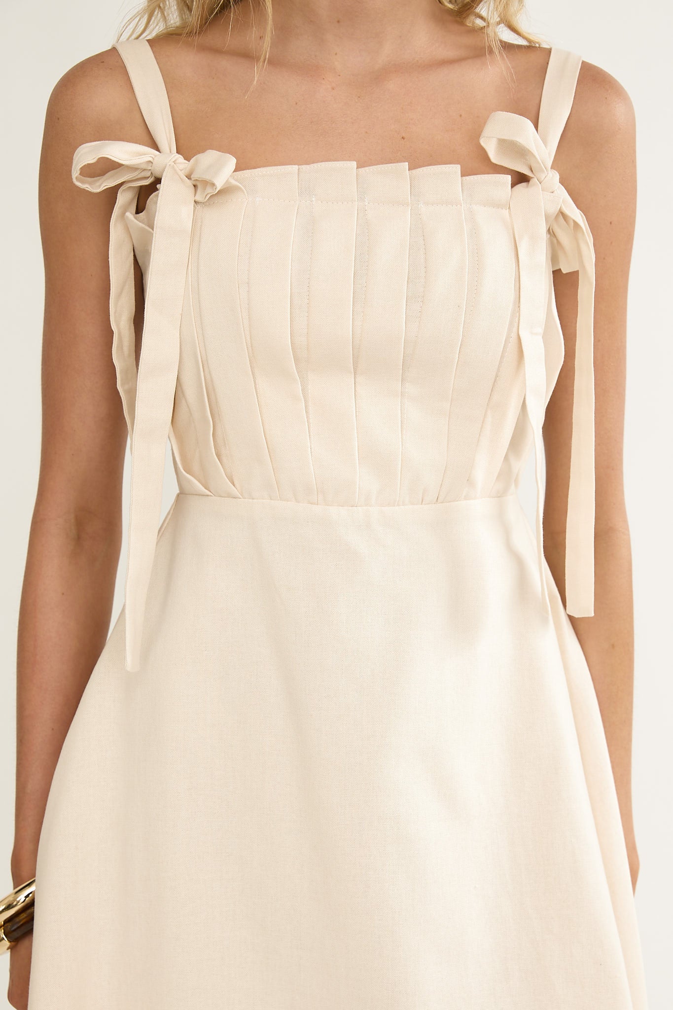 Dylana Pintuck Pleat Bodice Mini Dress Cream-Maymioy