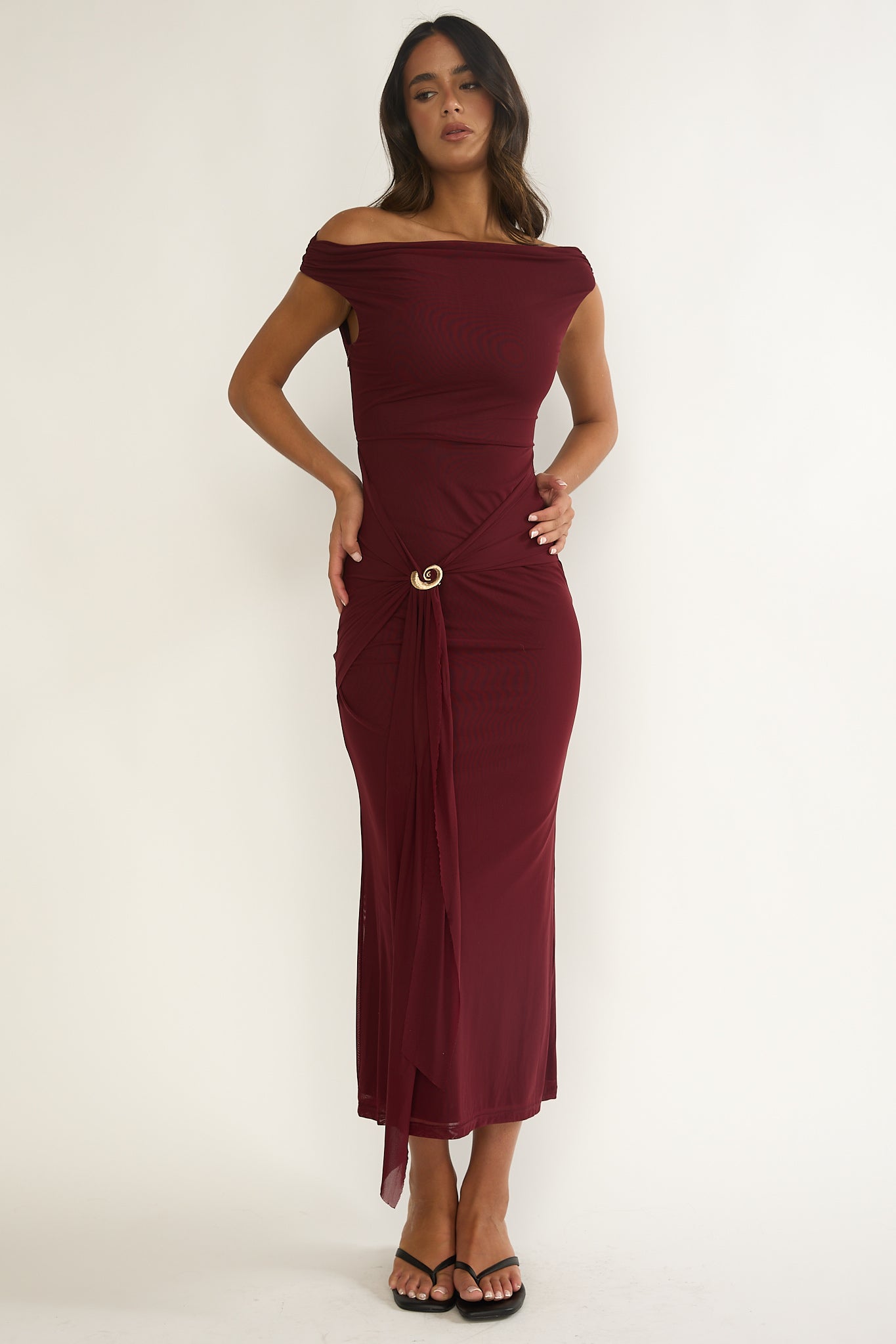 Lyssia Off-Shoulder Waist Sash Maxi Dress Cherry-Maymioy