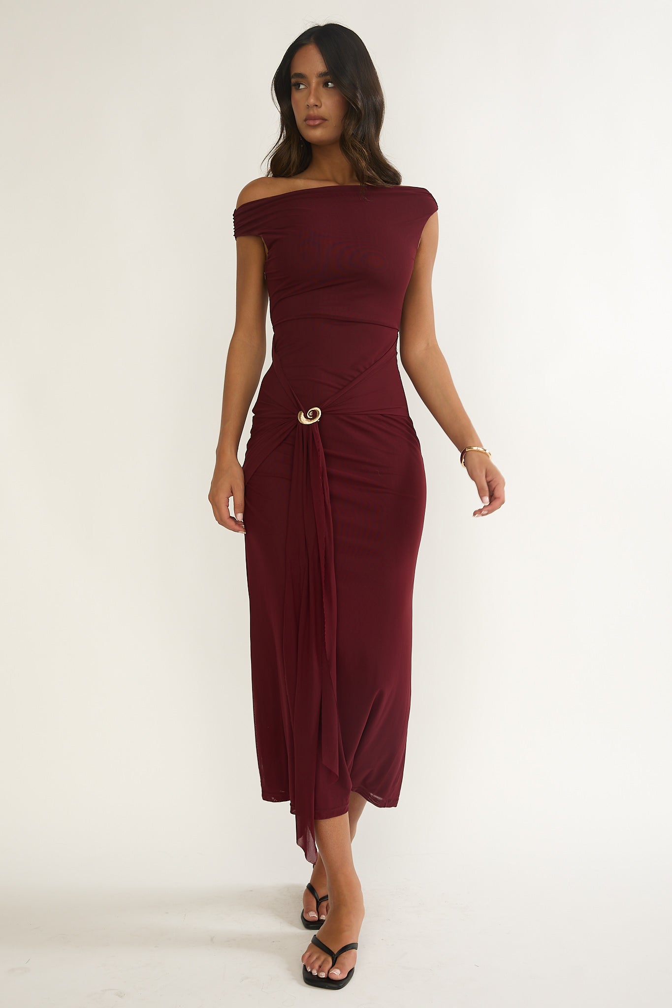 Lyssia Off-Shoulder Waist Sash Maxi Dress Cherry-Maymioy