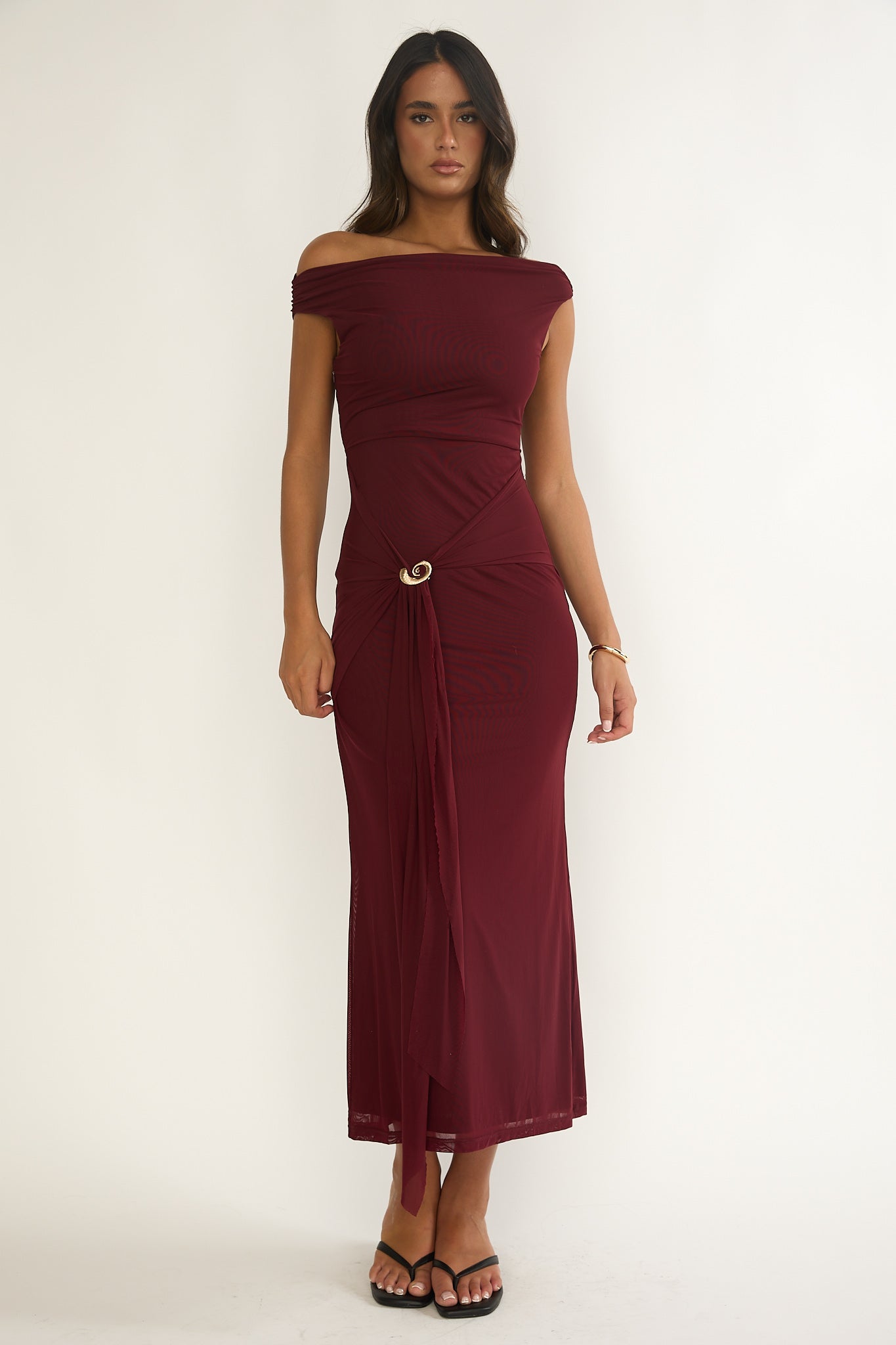 Lyssia Off-Shoulder Waist Sash Maxi Dress Cherry-Maymioy