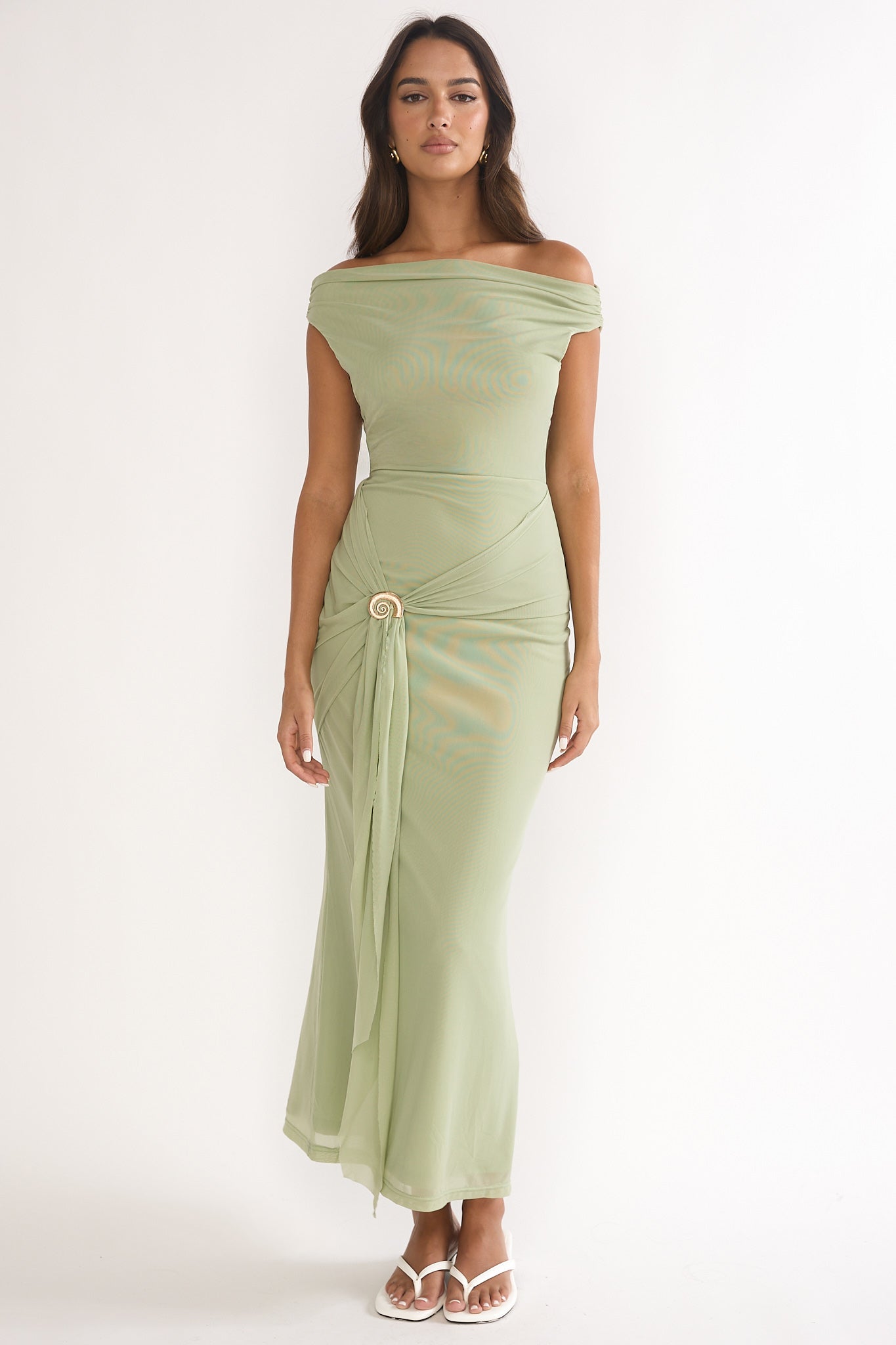 Lyssia Off-Shoulder Waist Sash Maxi Dress Sage-Maymioy