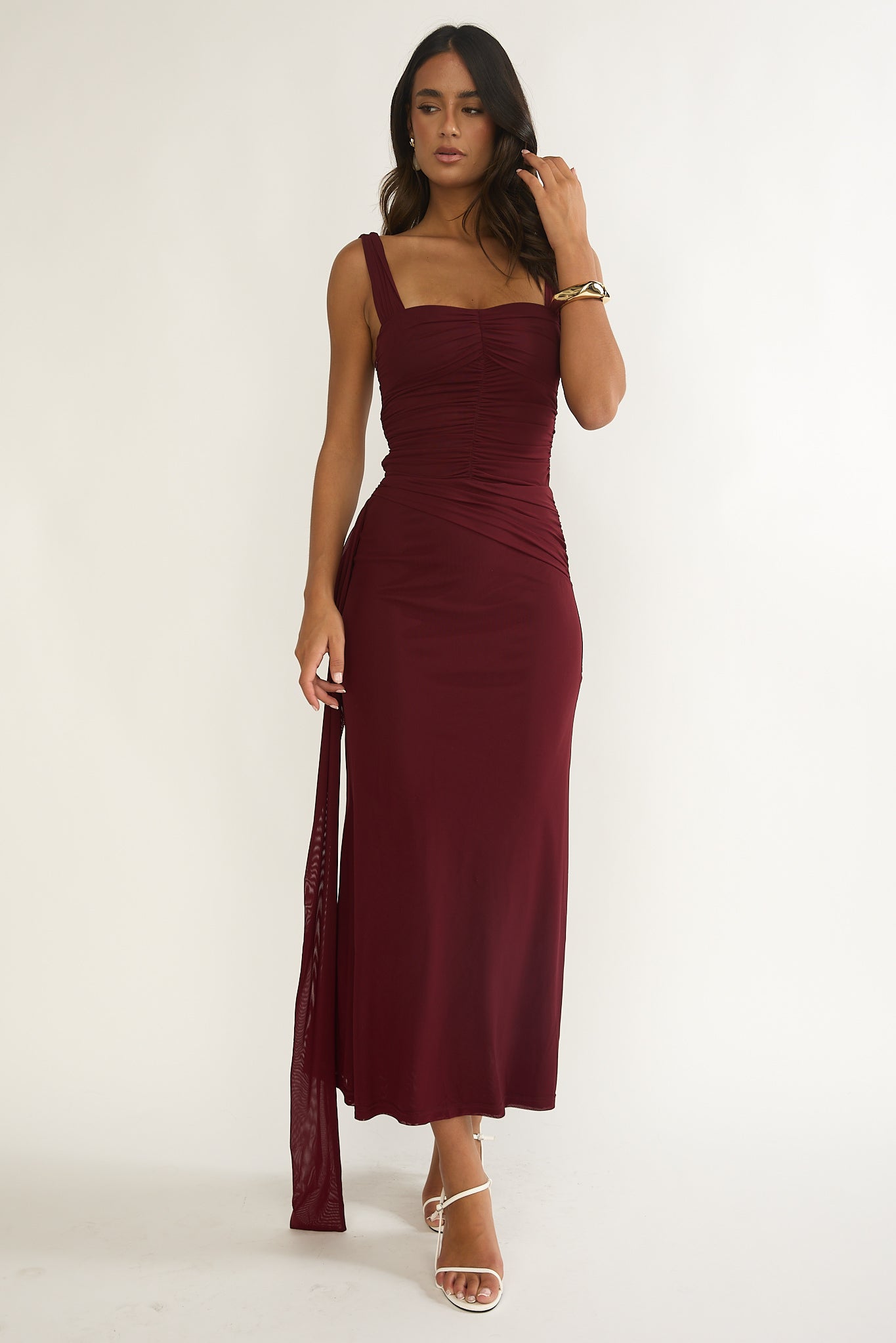 Emara Ruched Waist Sash Maxi Dress Burgundy-Maymioy