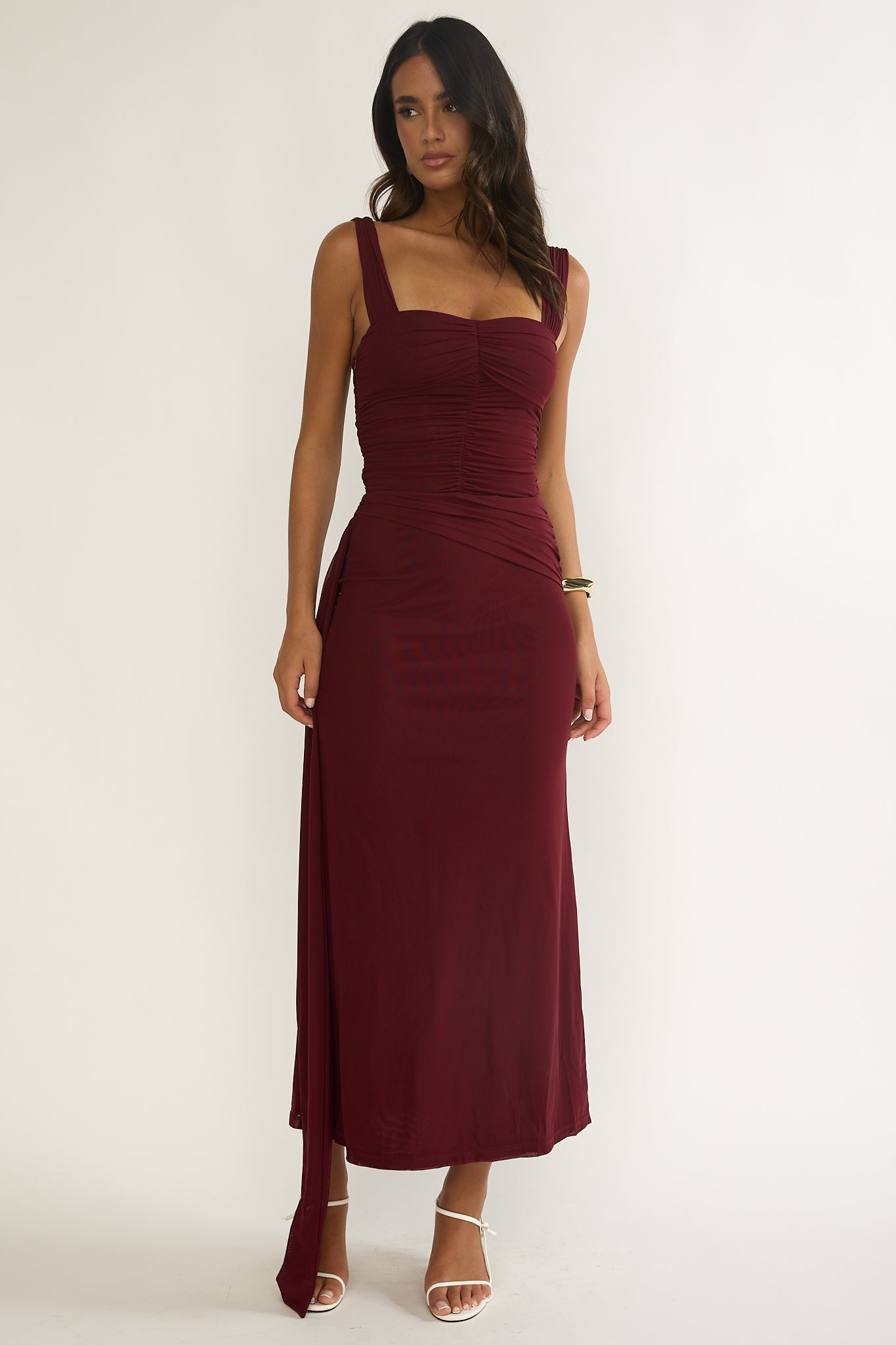 Emara Ruched Waist Sash Maxi Dress Burgundy-Maymioy
