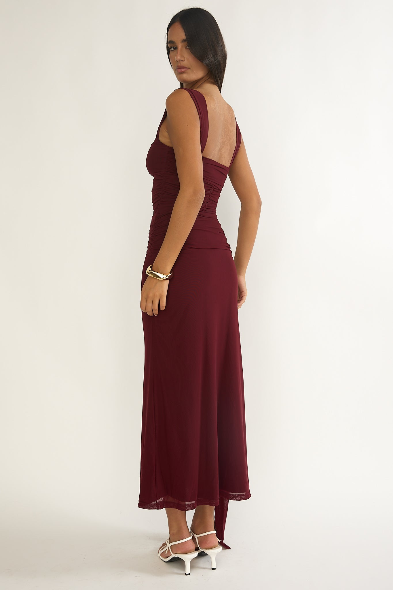 Emara Ruched Waist Sash Maxi Dress Burgundy-Maymioy
