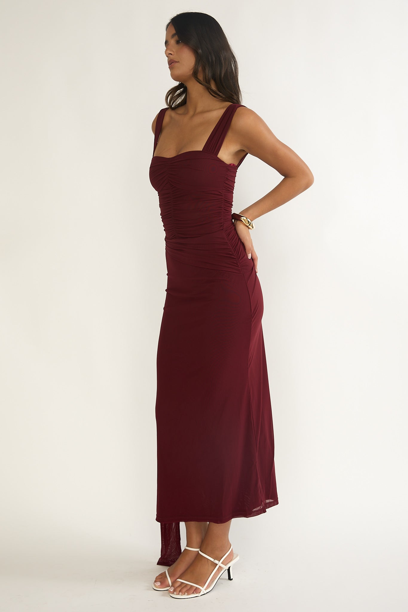 Emara Ruched Waist Sash Maxi Dress Burgundy-Maymioy