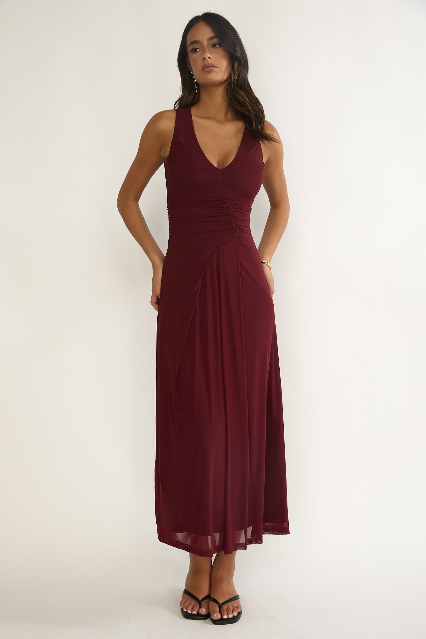 Cambrea Ruched Bodice Midi Dress Burgundy-Maymioy