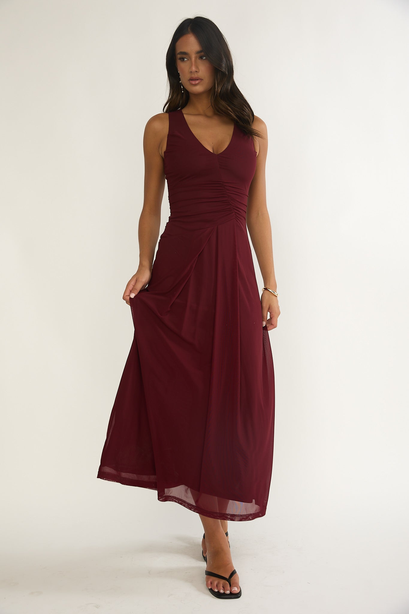 Cambrea Ruched Bodice Midi Dress Burgundy-Maymioy