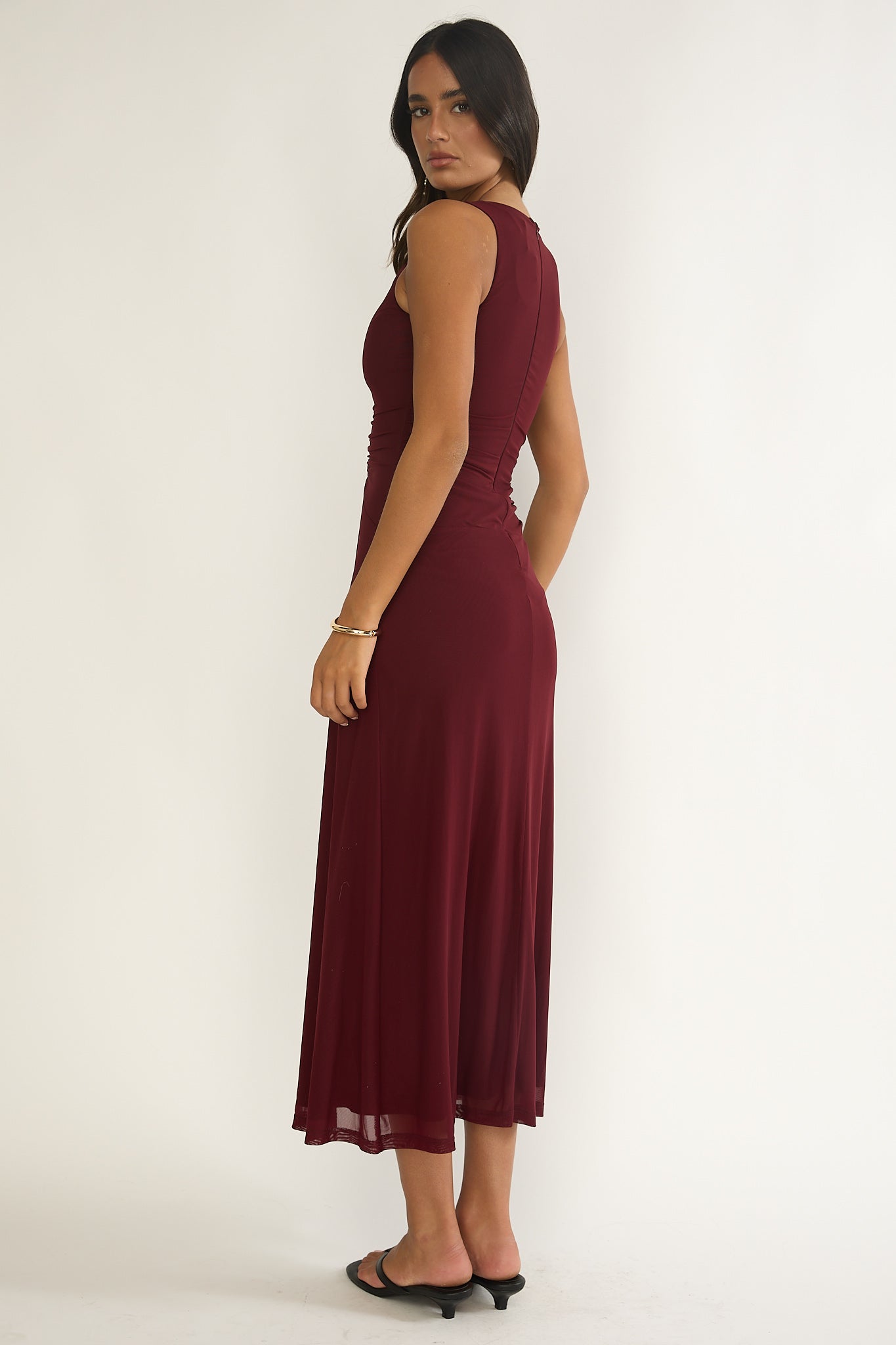 Cambrea Ruched Bodice Midi Dress Burgundy-Maymioy