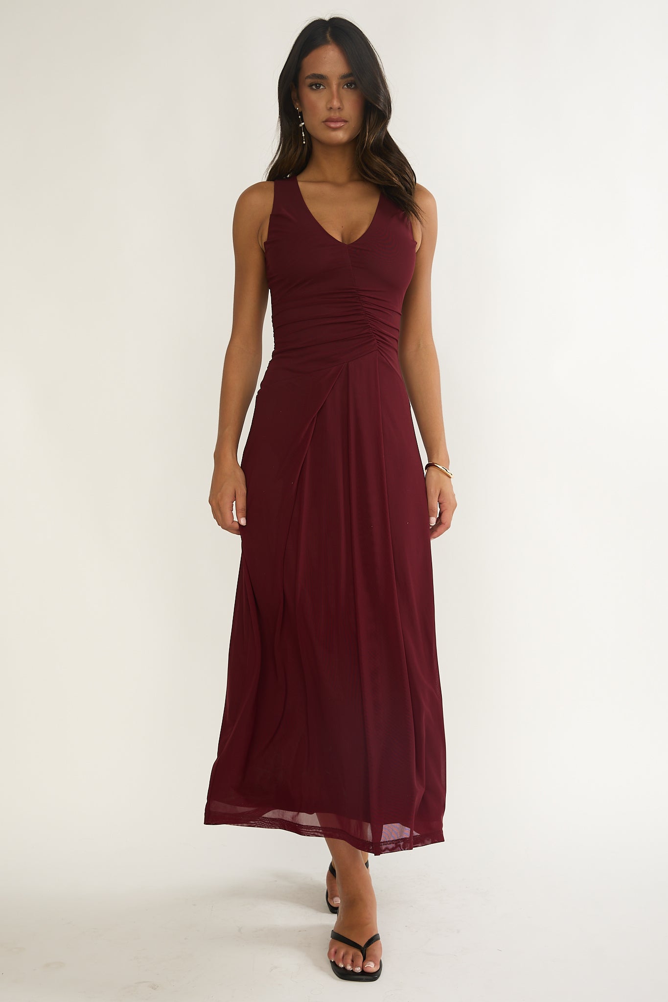 Cambrea Ruched Bodice Midi Dress Burgundy-Maymioy
