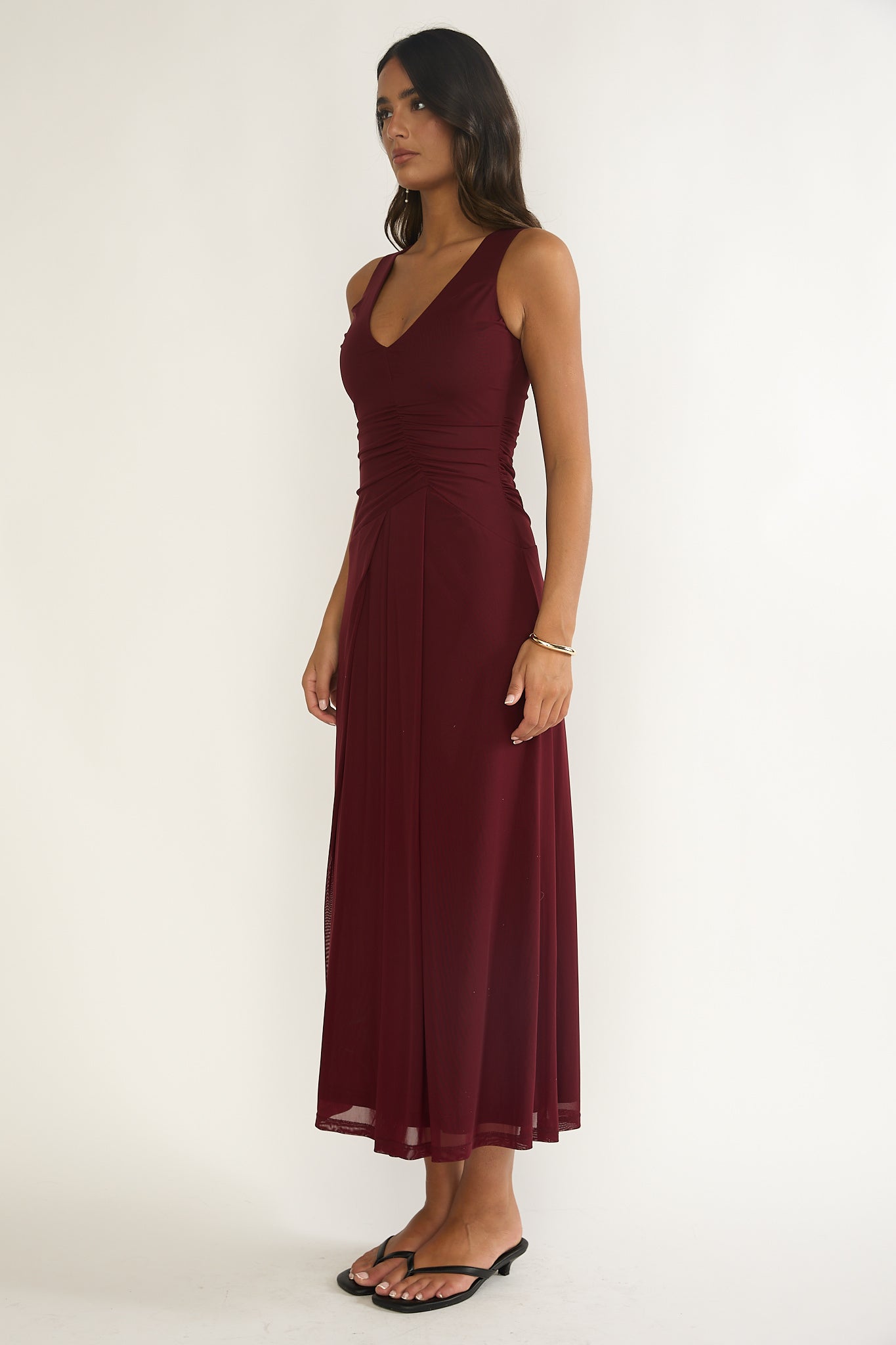 Cambrea Ruched Bodice Midi Dress Burgundy-Maymioy