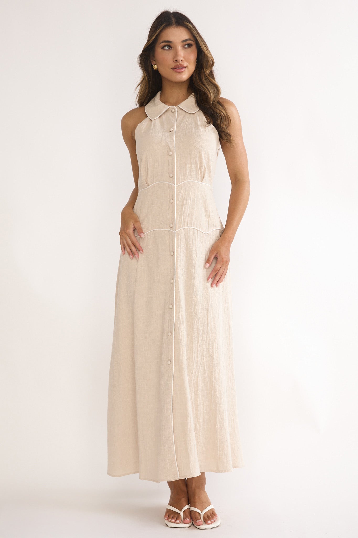 Teagun Collared Button Maxi Dress Stone-Maymioy