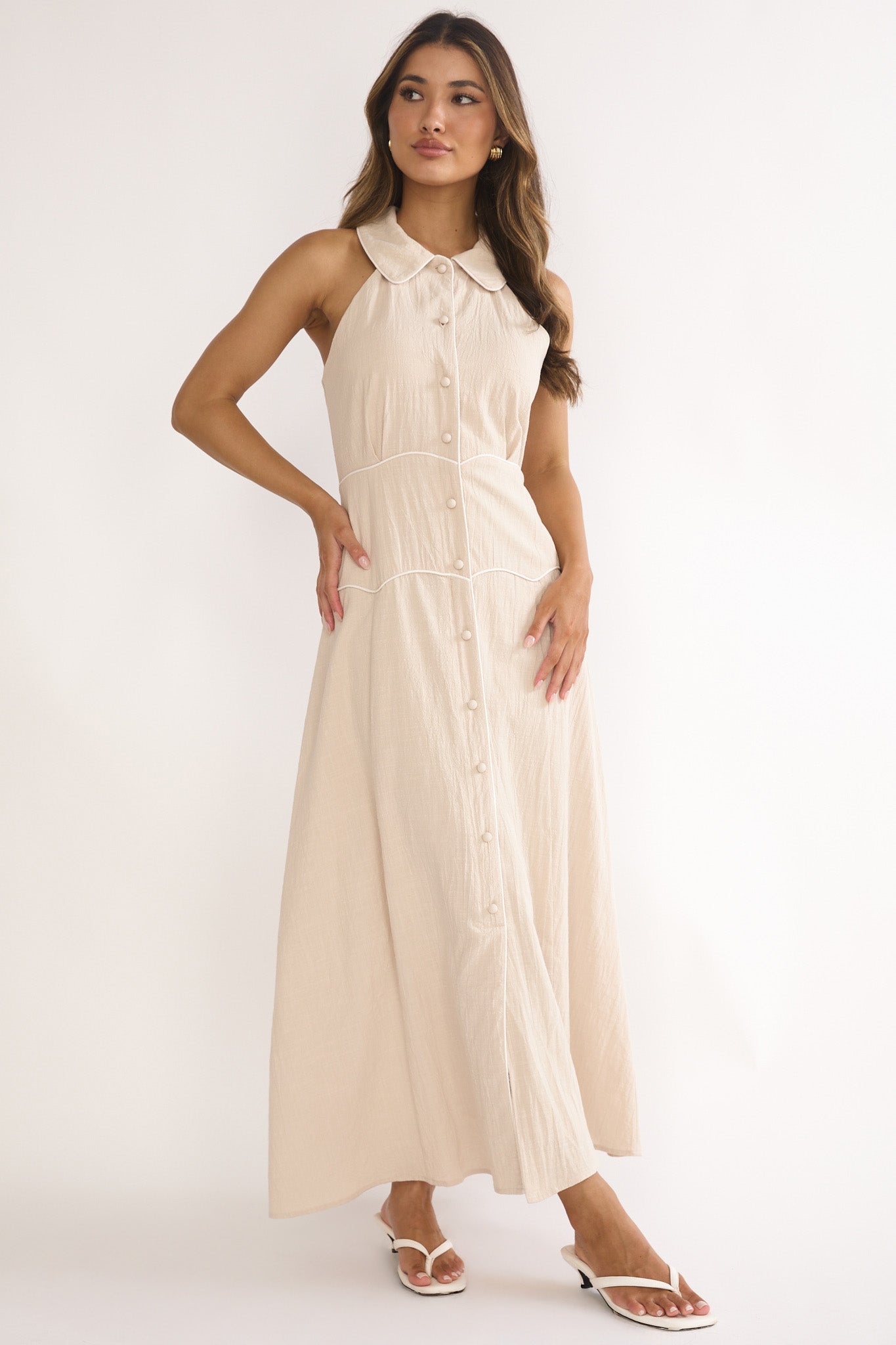 Teagun Collared Button Maxi Dress Stone-Maymioy