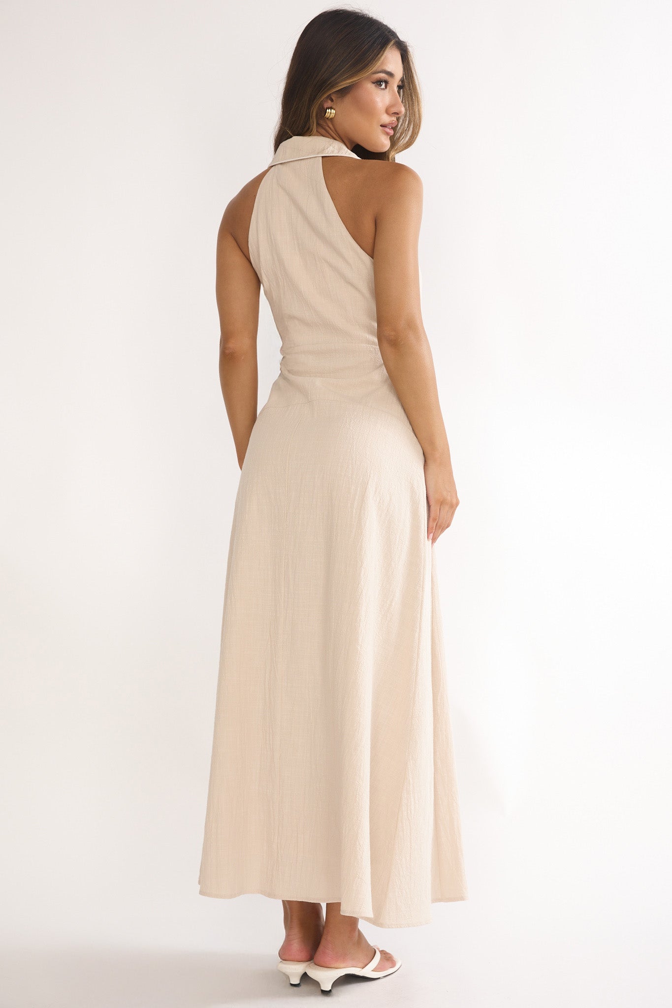 Teagun Collared Button Maxi Dress Stone-Maymioy