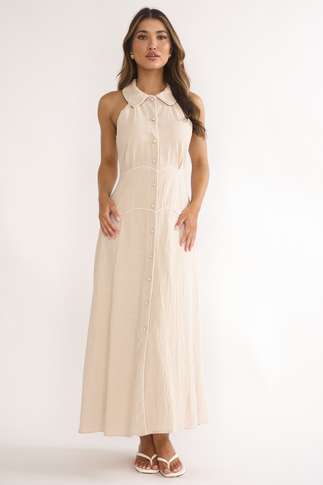 Teagun Collared Button Maxi Dress Stone-Maymioy