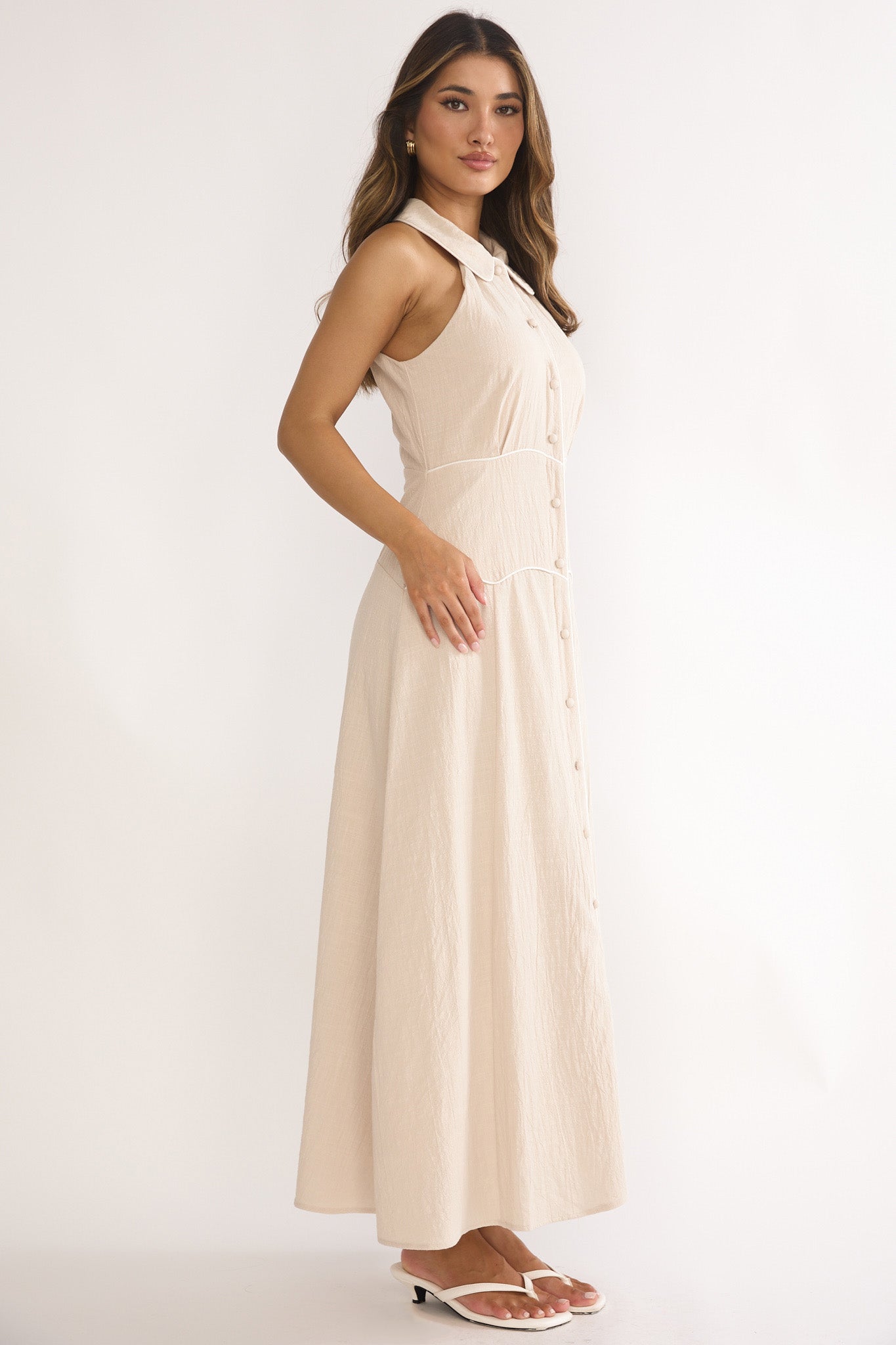 Teagun Collared Button Maxi Dress Stone-Maymioy