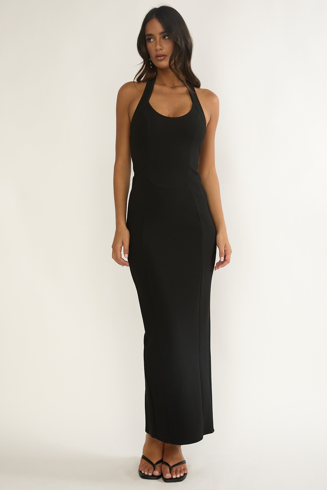 Shailyn Scoop Neck Halter Maxi Dress Black-Maymioy