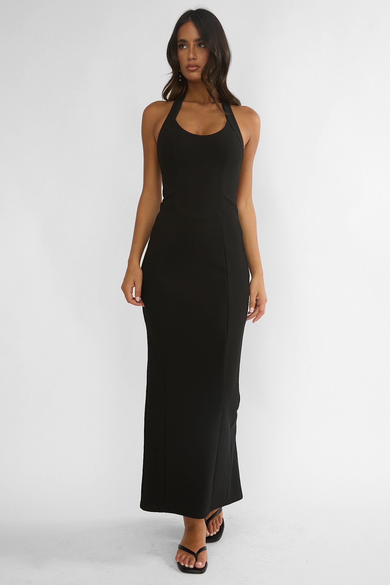 Shailyn Scoop Neck Halter Maxi Dress Black-Maymioy