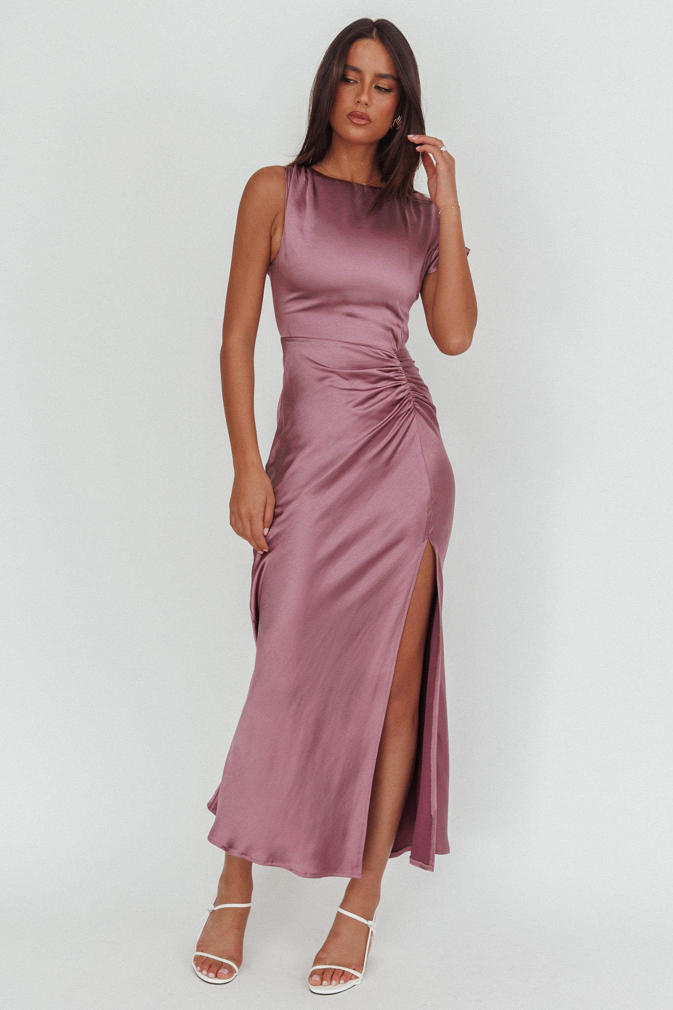 Larelle One-Sleeve Front Split Maxi Dress Grape-Maymioy