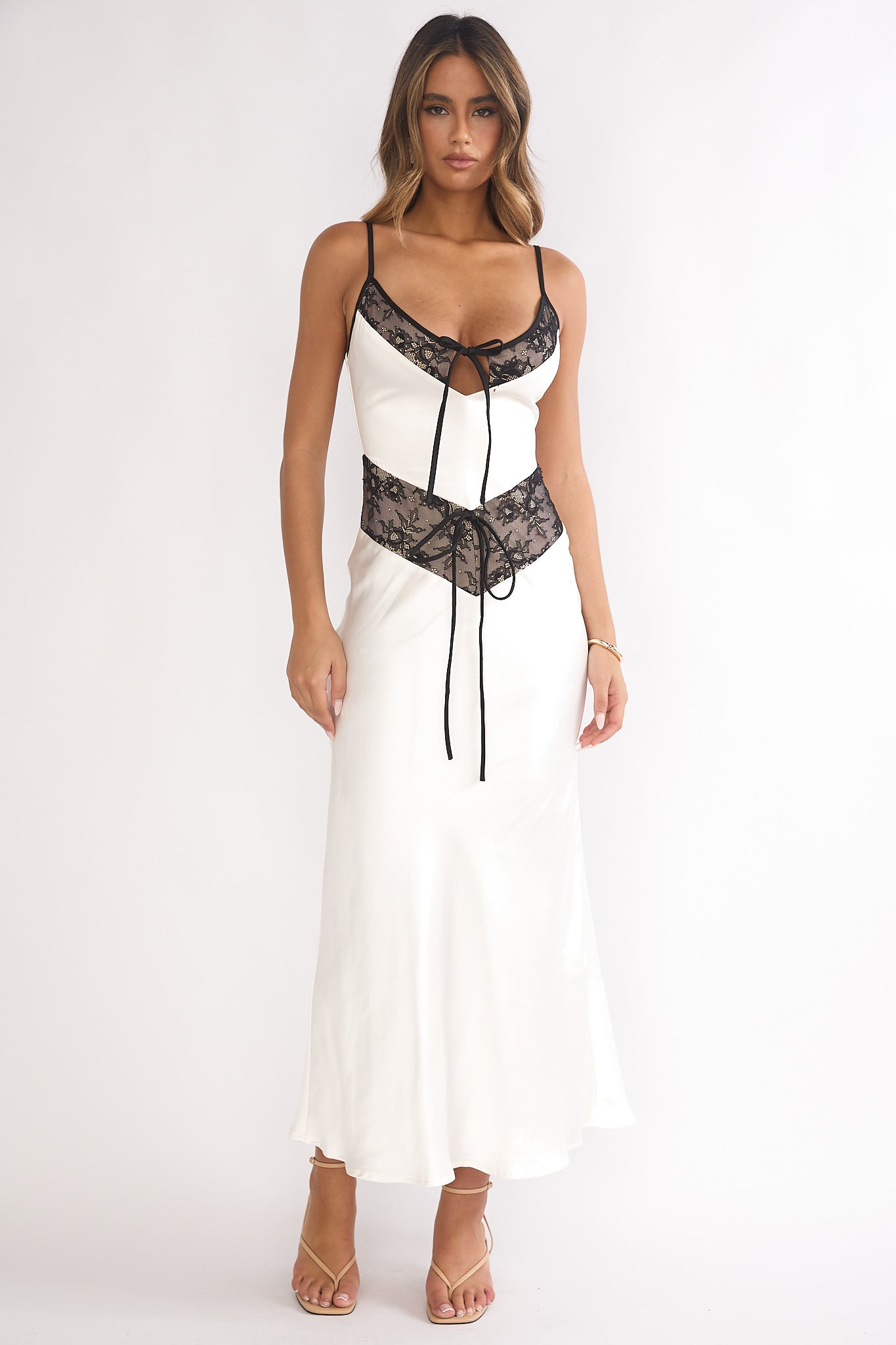 Luna Dolce Lace Trim Tie Maxi Dress Oyster-Maymioy