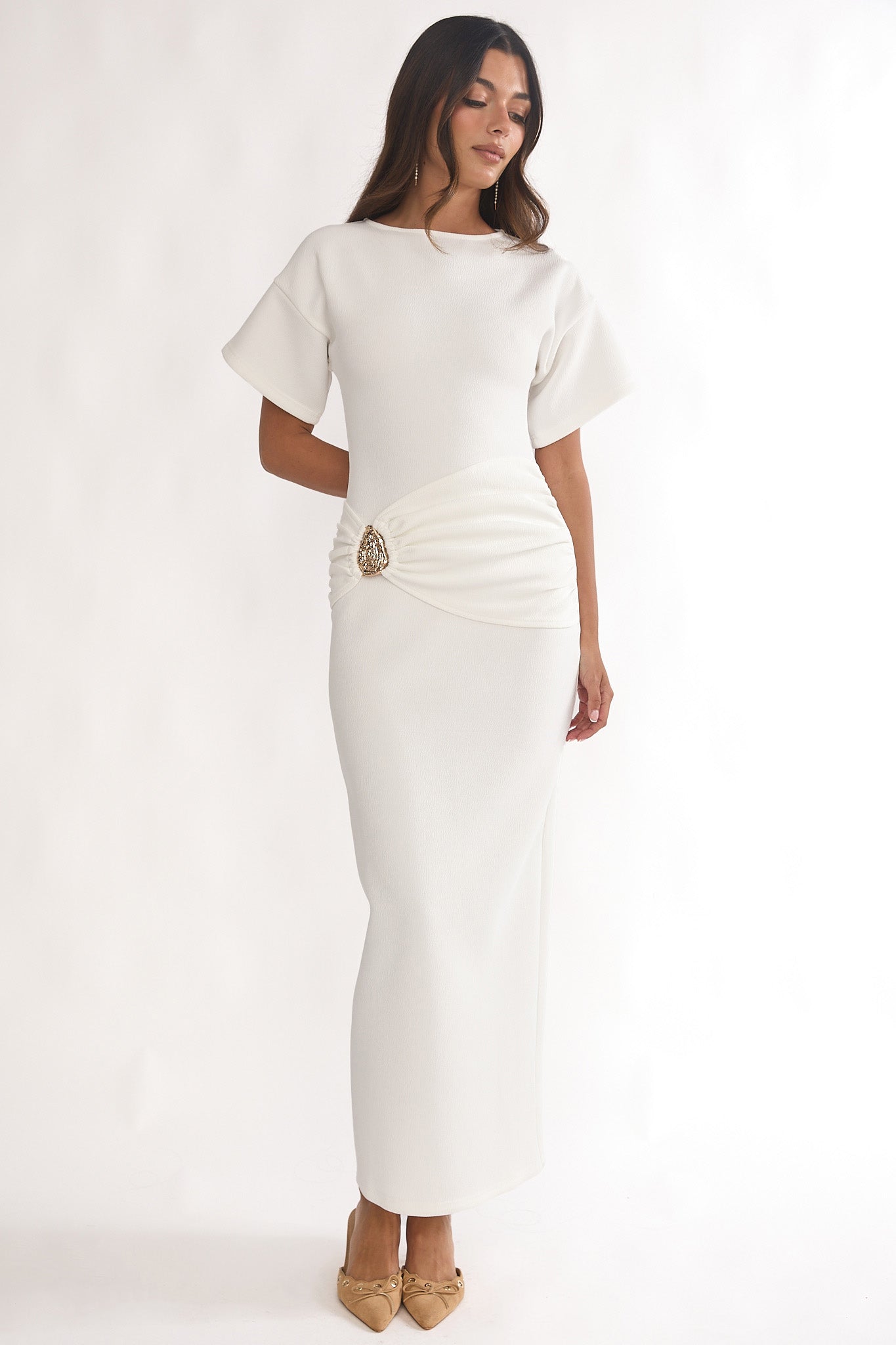 Briona Short Sleeve Buckle Maxi Dress White-Maymioy
