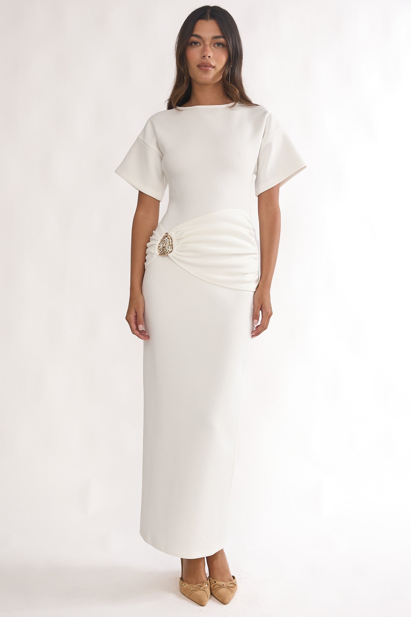 Briona Short Sleeve Buckle Maxi Dress White-Maymioy