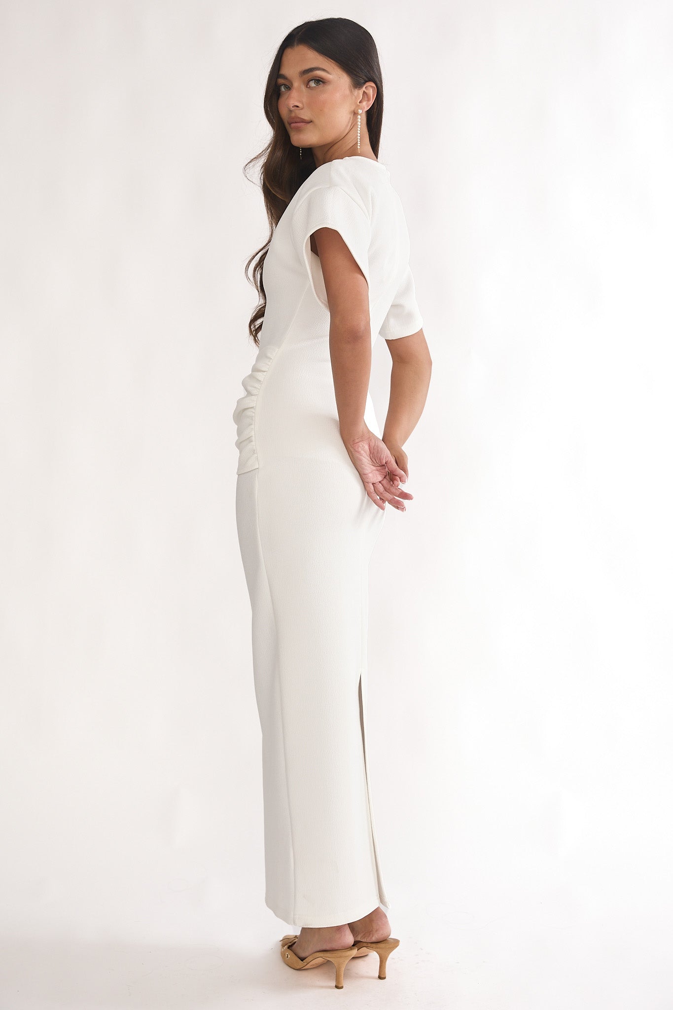 Briona Short Sleeve Buckle Maxi Dress White-Maymioy