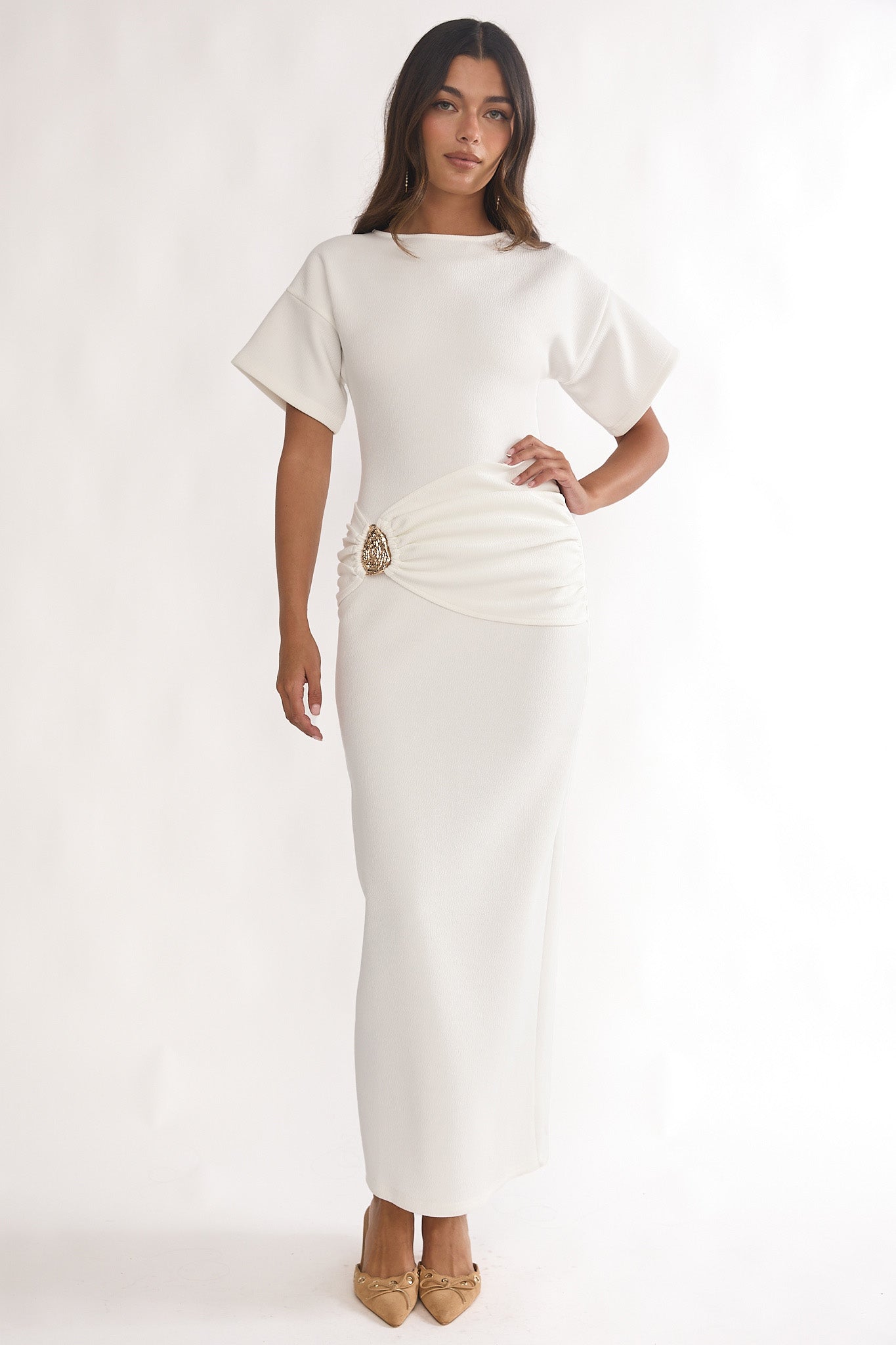 Briona Short Sleeve Buckle Maxi Dress White-Maymioy