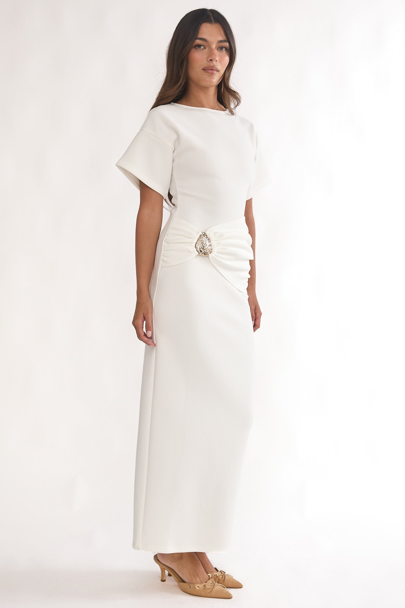 Briona Short Sleeve Buckle Maxi Dress White-Maymioy