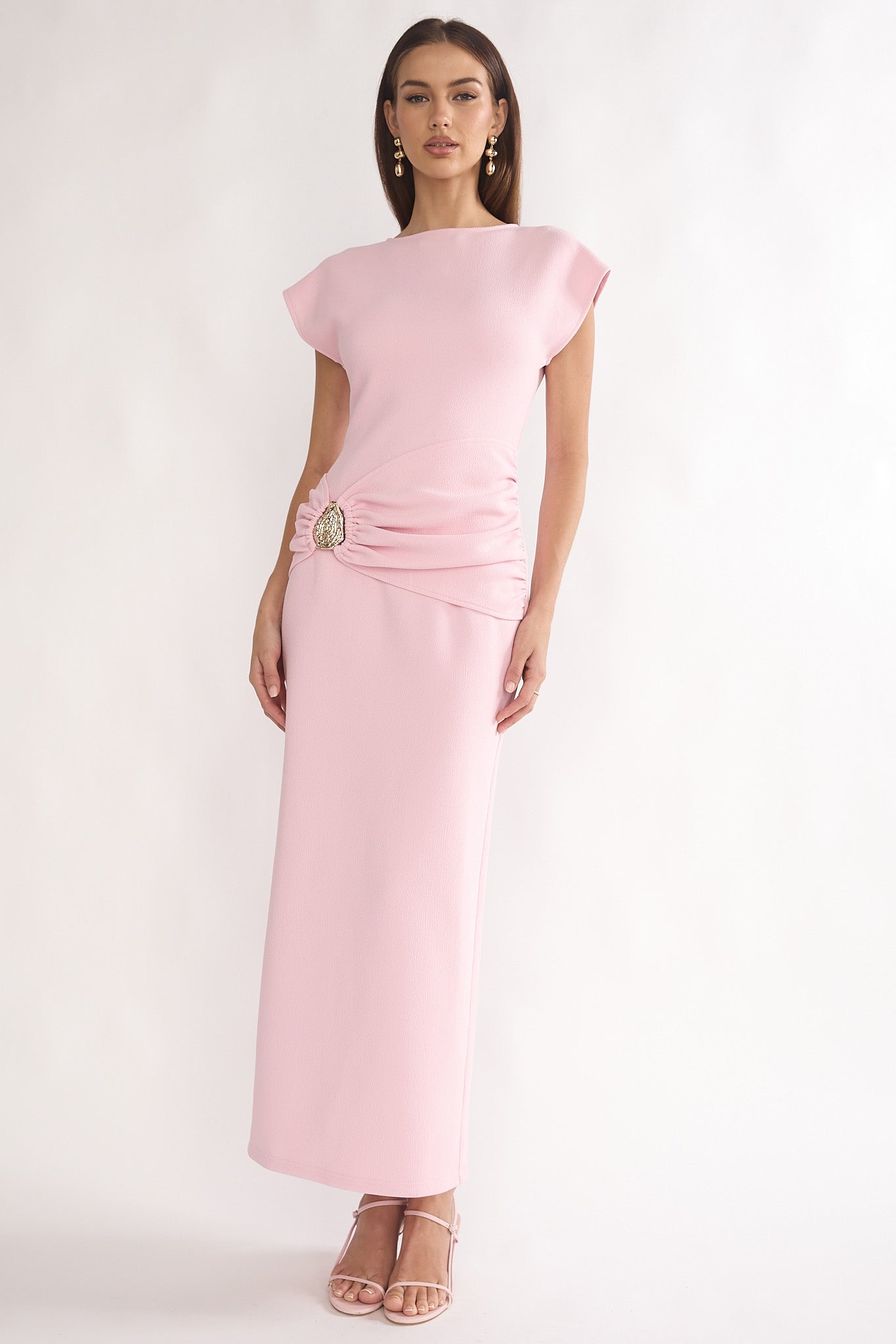 Briona Short Sleeve Buckle Maxi Dress Pink-Maymioy