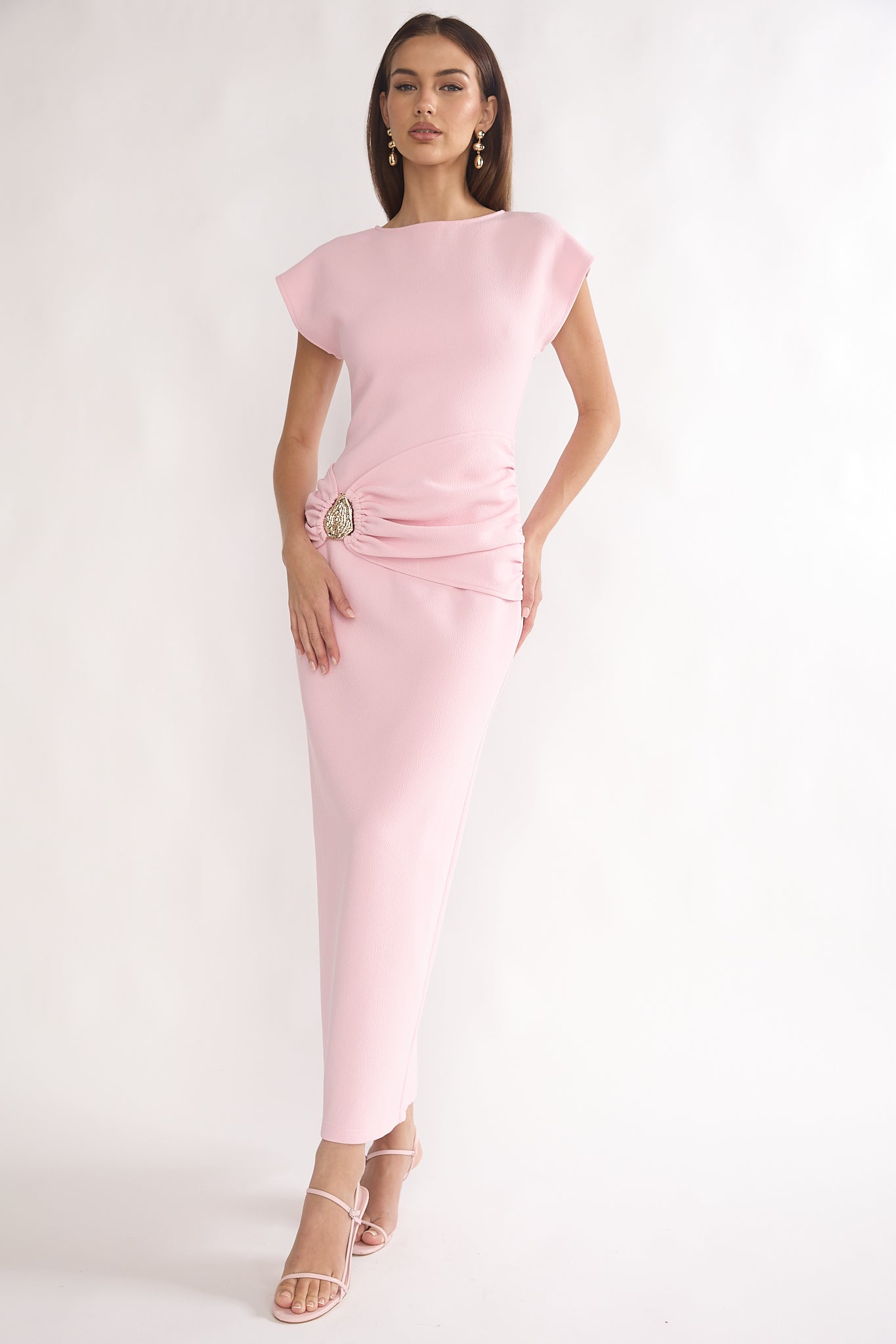 Briona Short Sleeve Buckle Maxi Dress Pink-Maymioy