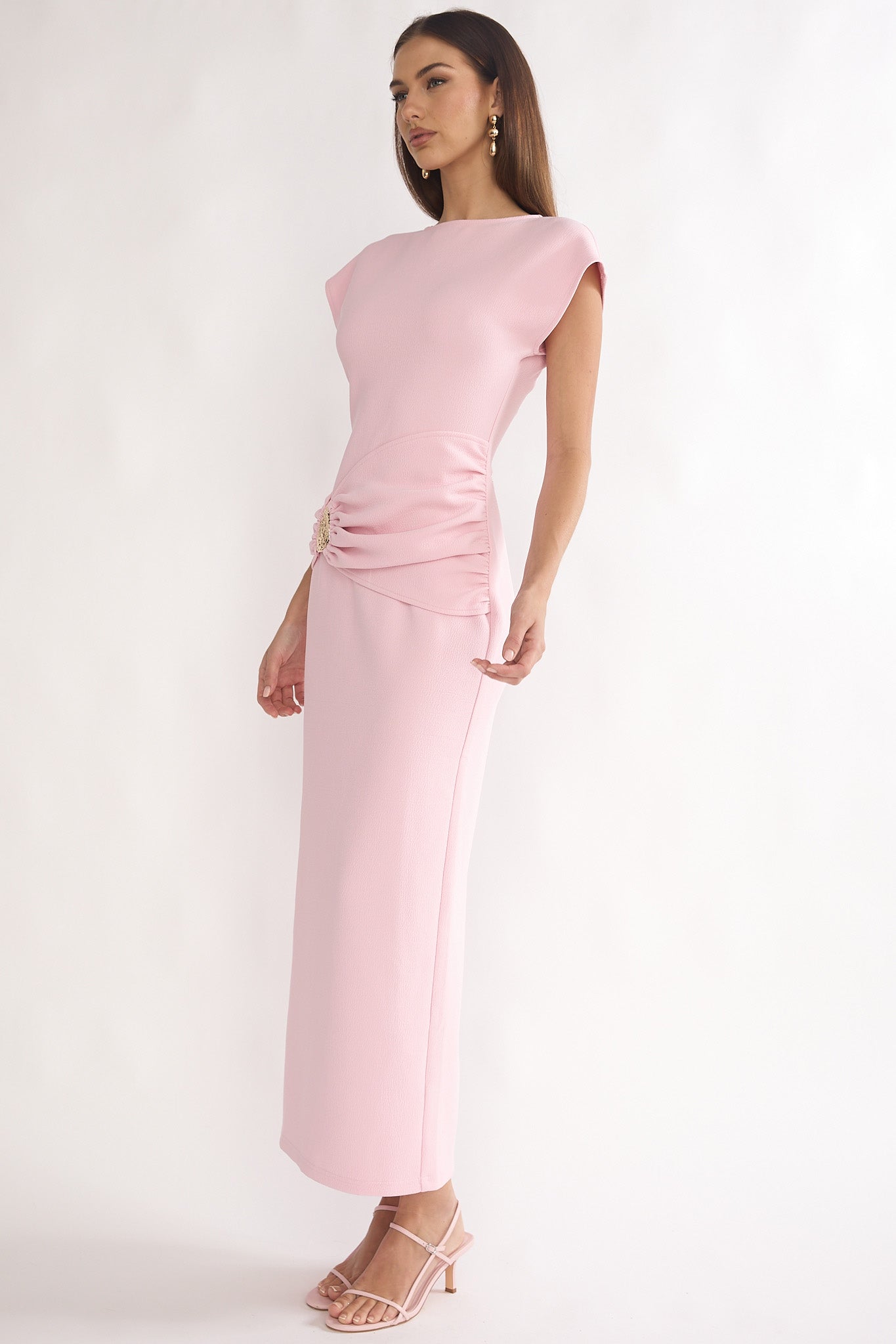 Briona Short Sleeve Buckle Maxi Dress Pink-Maymioy